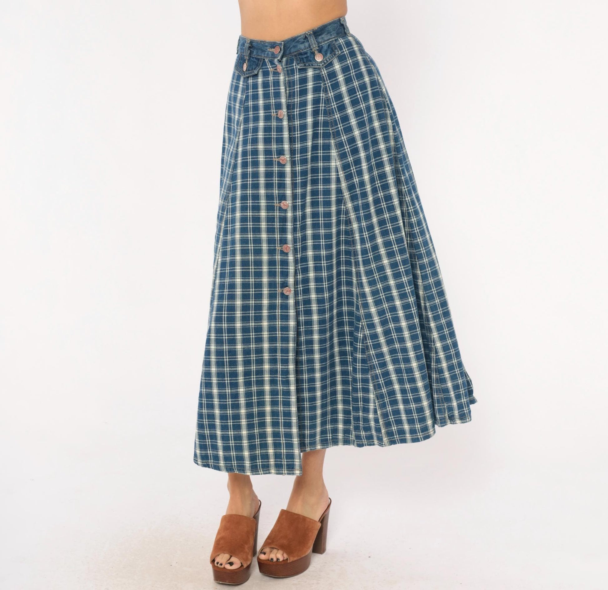 90s Outlaw Blue Plaid Cotton Midi Skirt Button Front XS