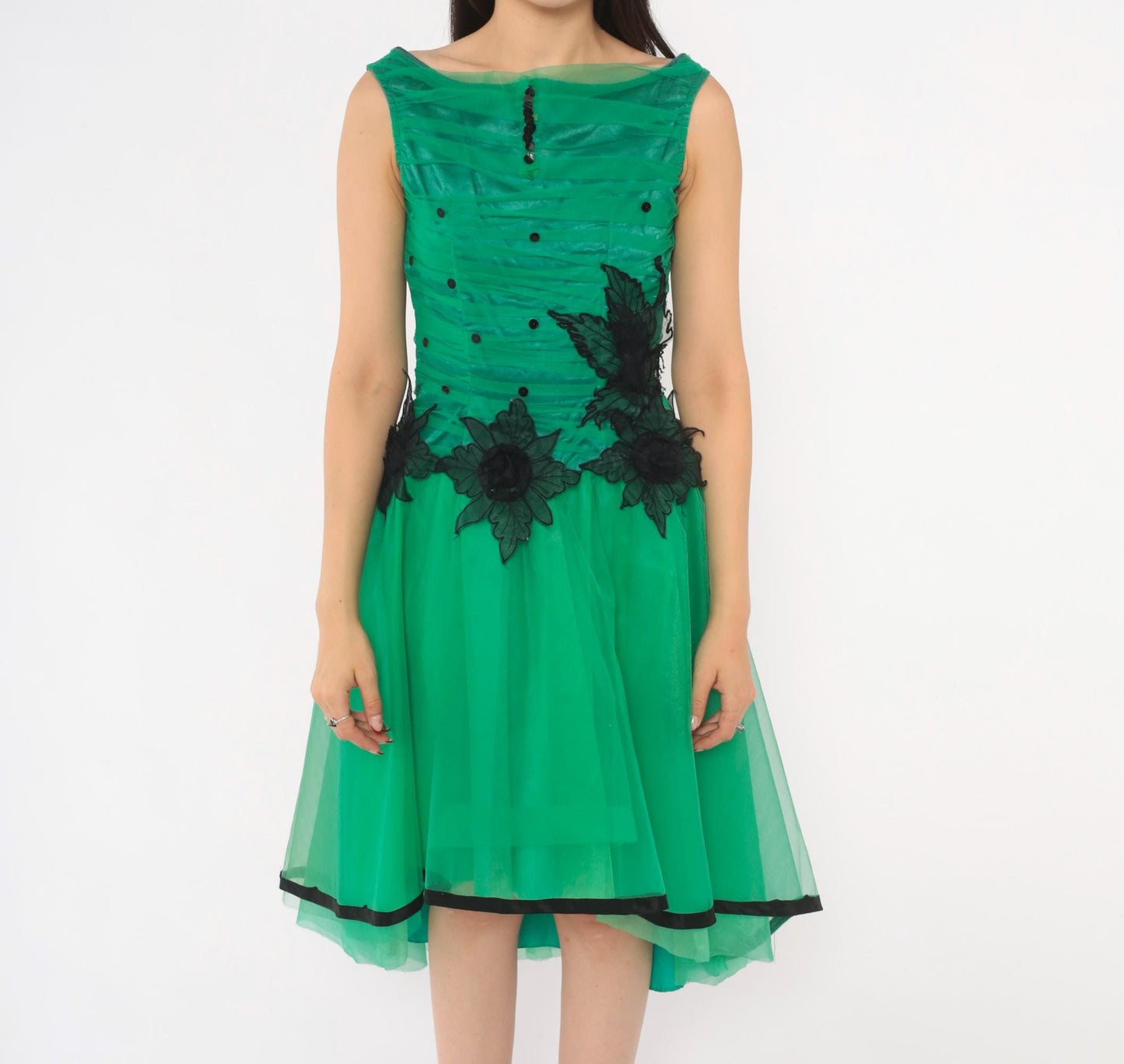 80s Emerald Green Fit Flare Party Dress Sequin Tulle High-Low Black Floral XS