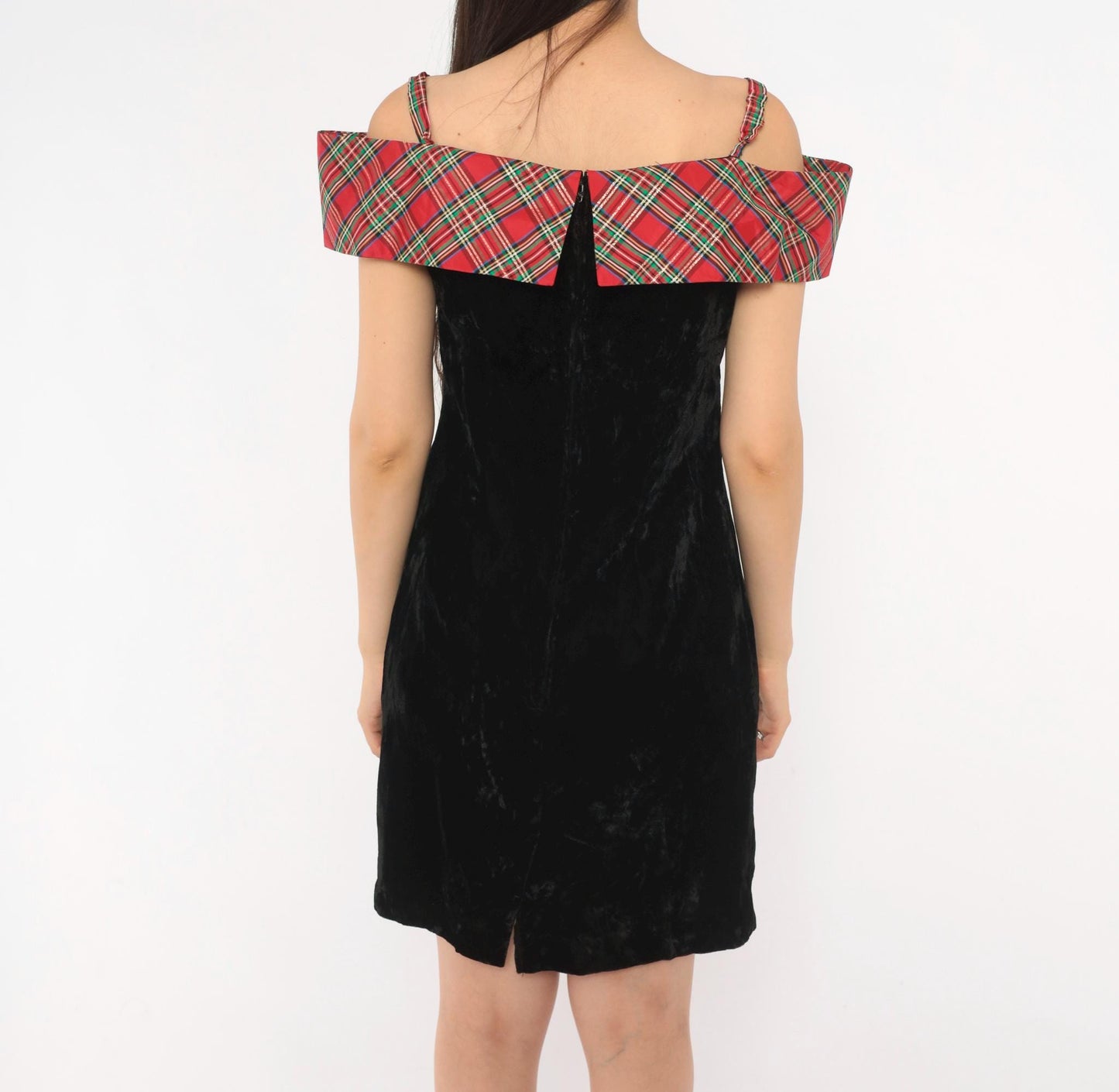 90s Badge Black Crushed Velvet Mini Dress Red Tartan Ruffle Off-Shoulder Extra Small XS