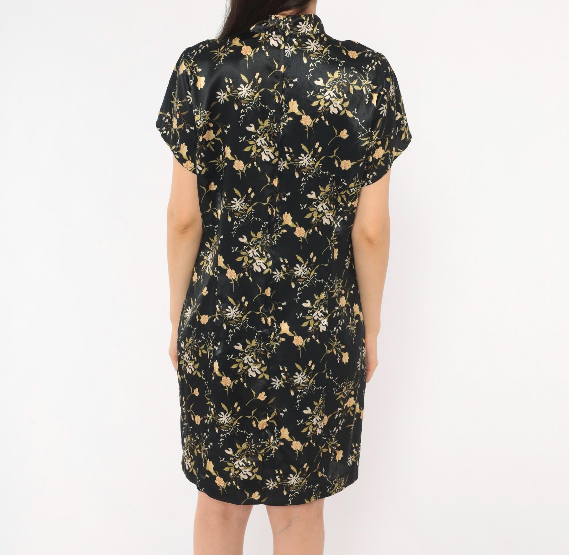 90s Dby Cheongsam Dress Black Gold Floral Brocade Mandarin Collar Mini Medium M
