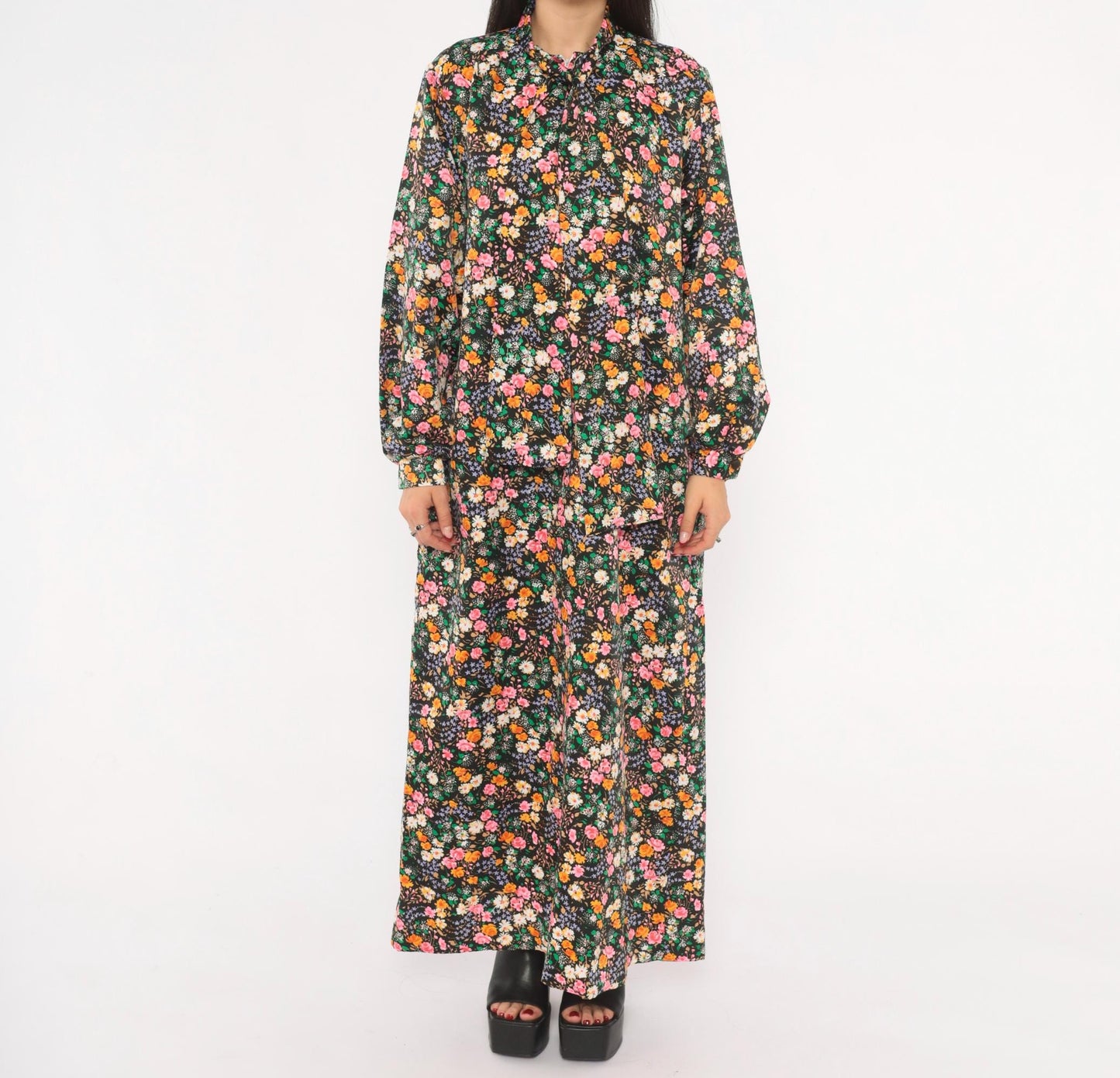 70s Atkins Black Floral Maxi Dress Bell Sleeve Bow Neck Garden Print Medium M