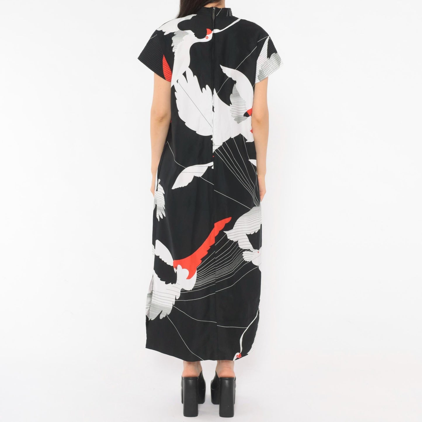70s Tori Richard Crane Print Maxi Dress Black White Red Mandarin Collar Medium M