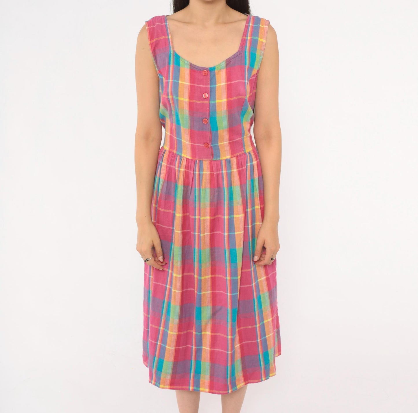 90s Madras Plaid Sundress Pink Turquoise Cotton Button Front Mid-Calf Medium M