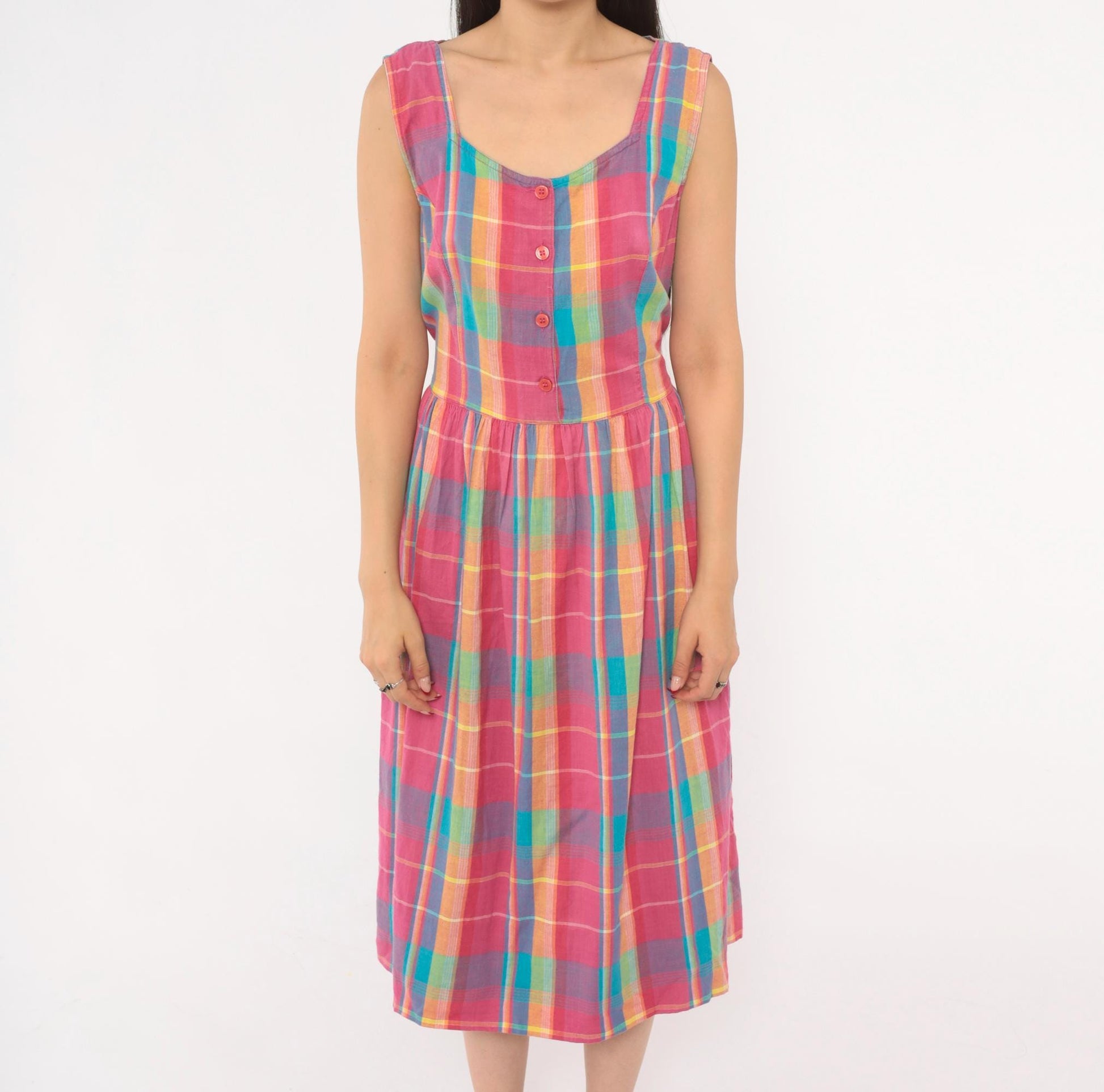 90s Madras Plaid Sundress Pink Turquoise Cotton Button Front Mid-Calf Medium M