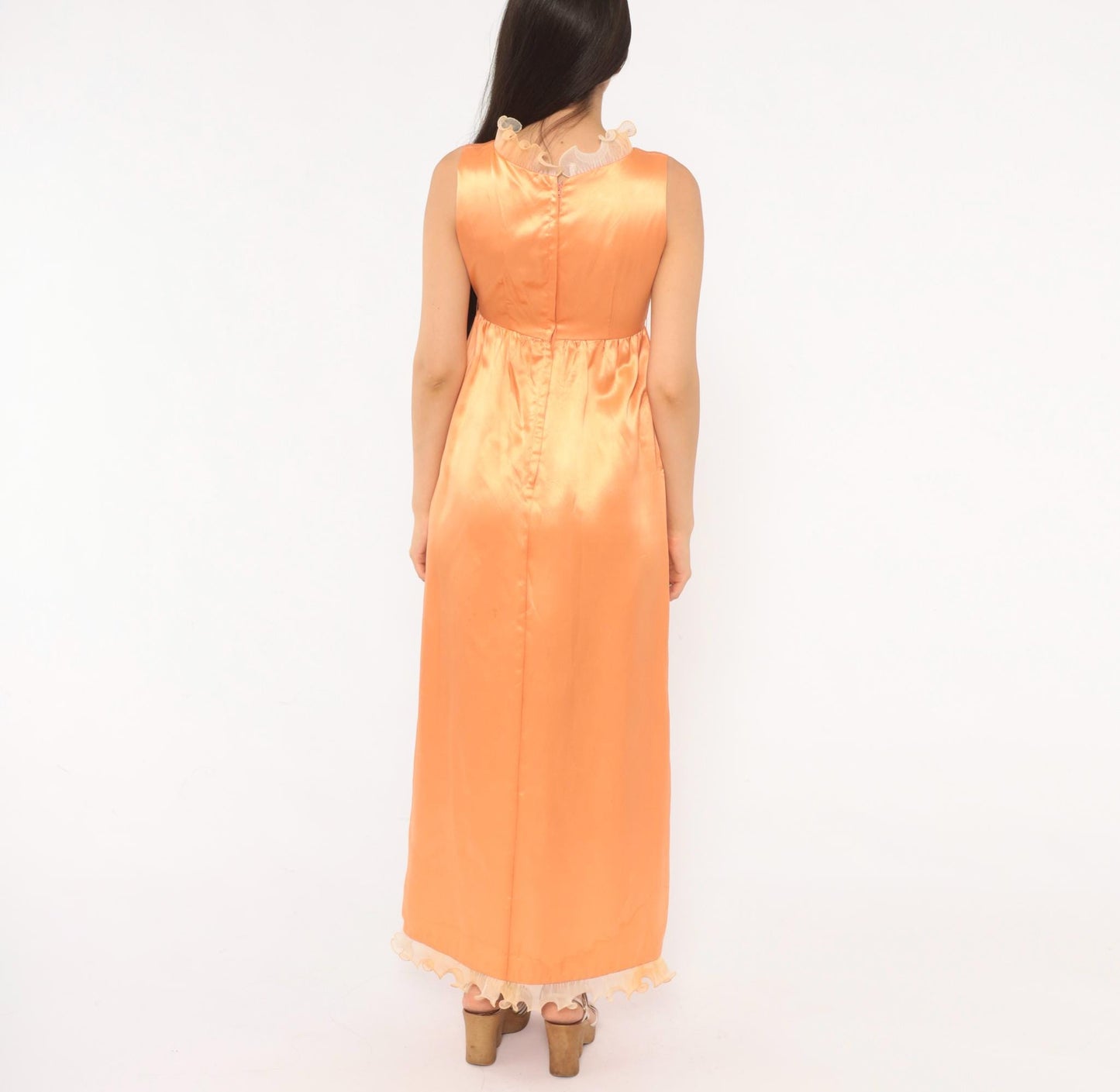 70s Peach Satin Nightgown Surplice V Neck Ruffle Lace Maxi Slip Extra Small XS