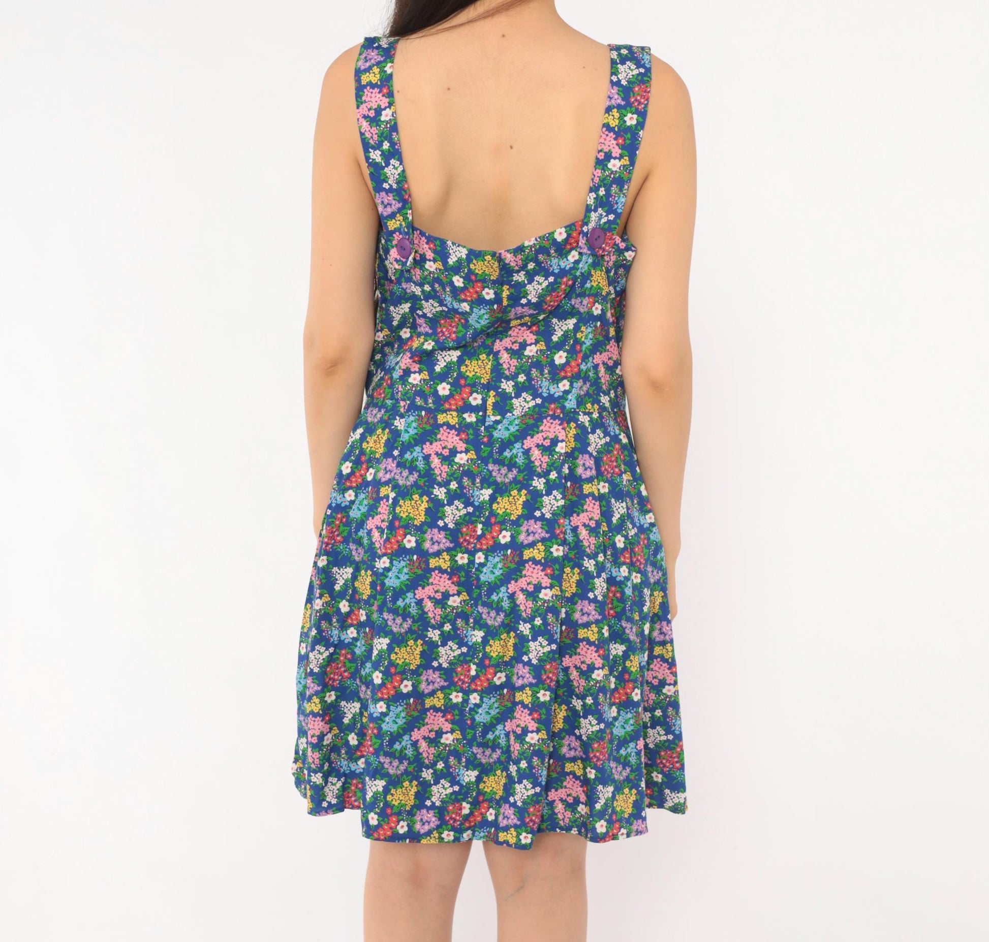 90s Liz Claiborne Floral Sundress Blue Pink Garden Print Mini Medium M