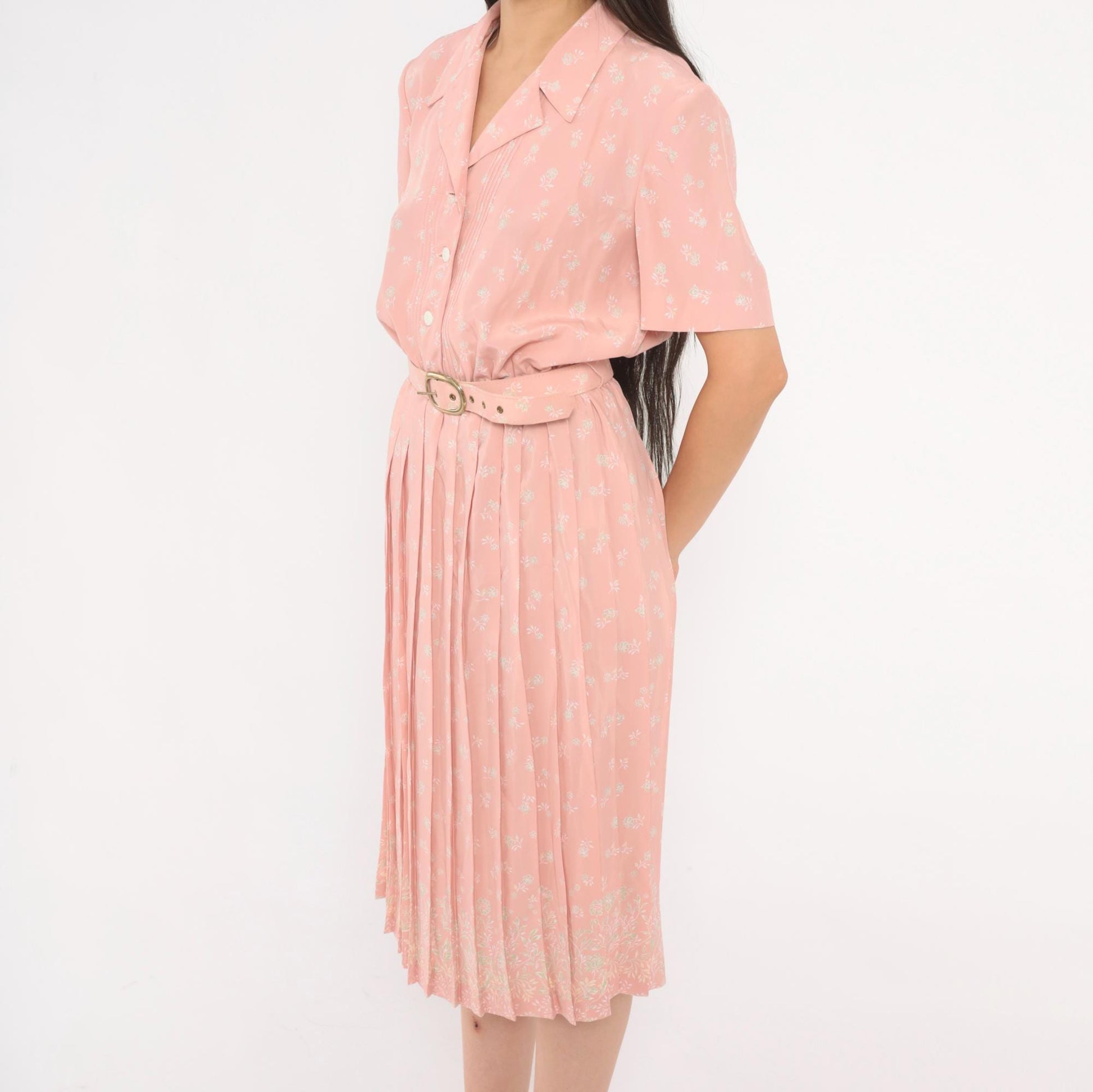 80s Leslie Fay Pink Floral Shirtdress Pleated Midi Notched Collar Small