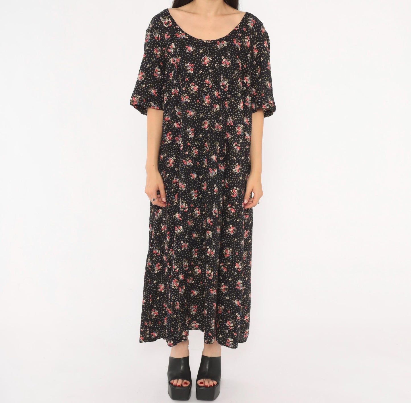 90s Jamie Brooke Black Floral Maxi Dress Pink Blue Scoop Neck Medium M