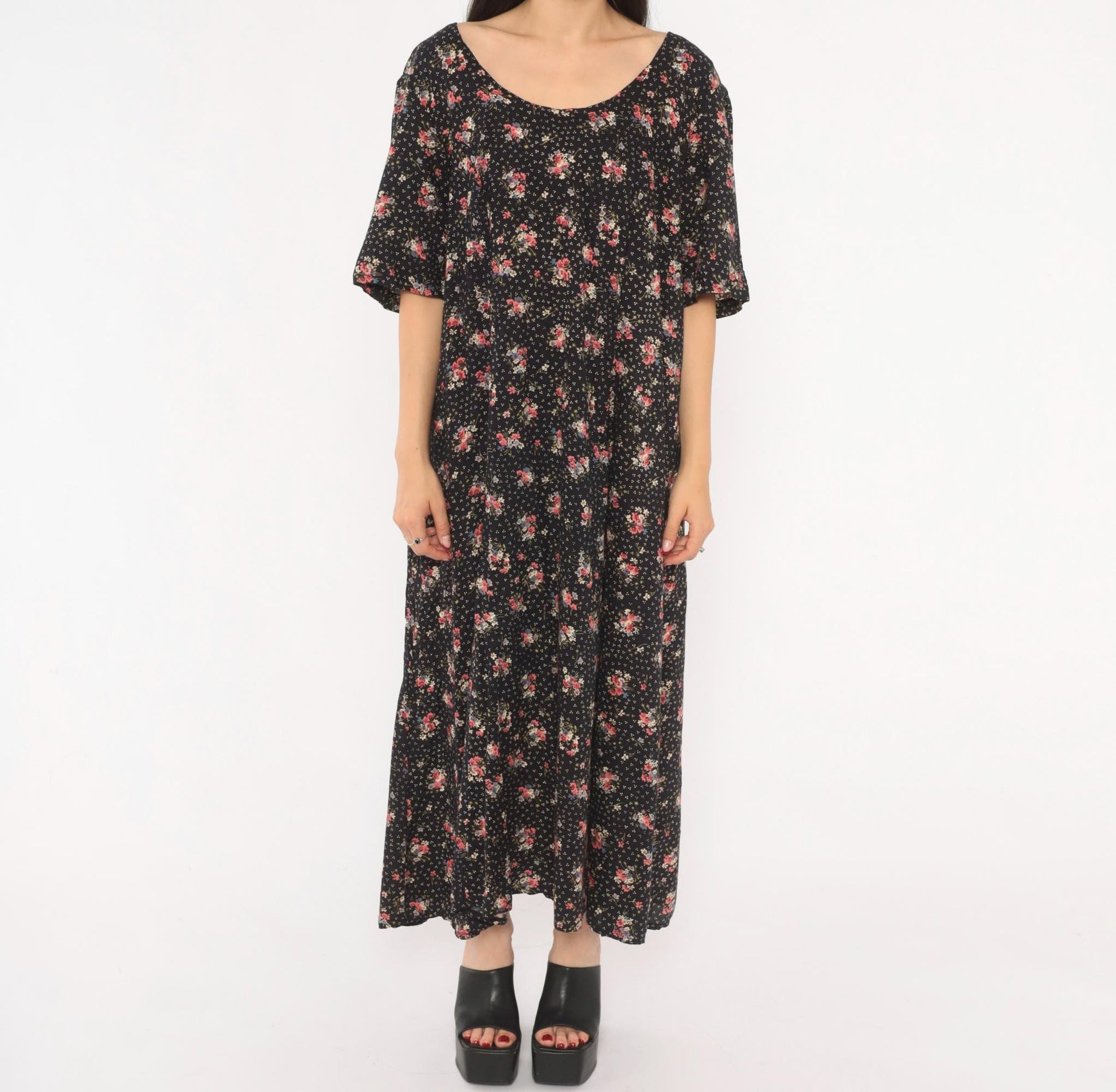 90s Jamie Brooke Black Floral Maxi Dress Pink Blue Scoop Neck Medium M