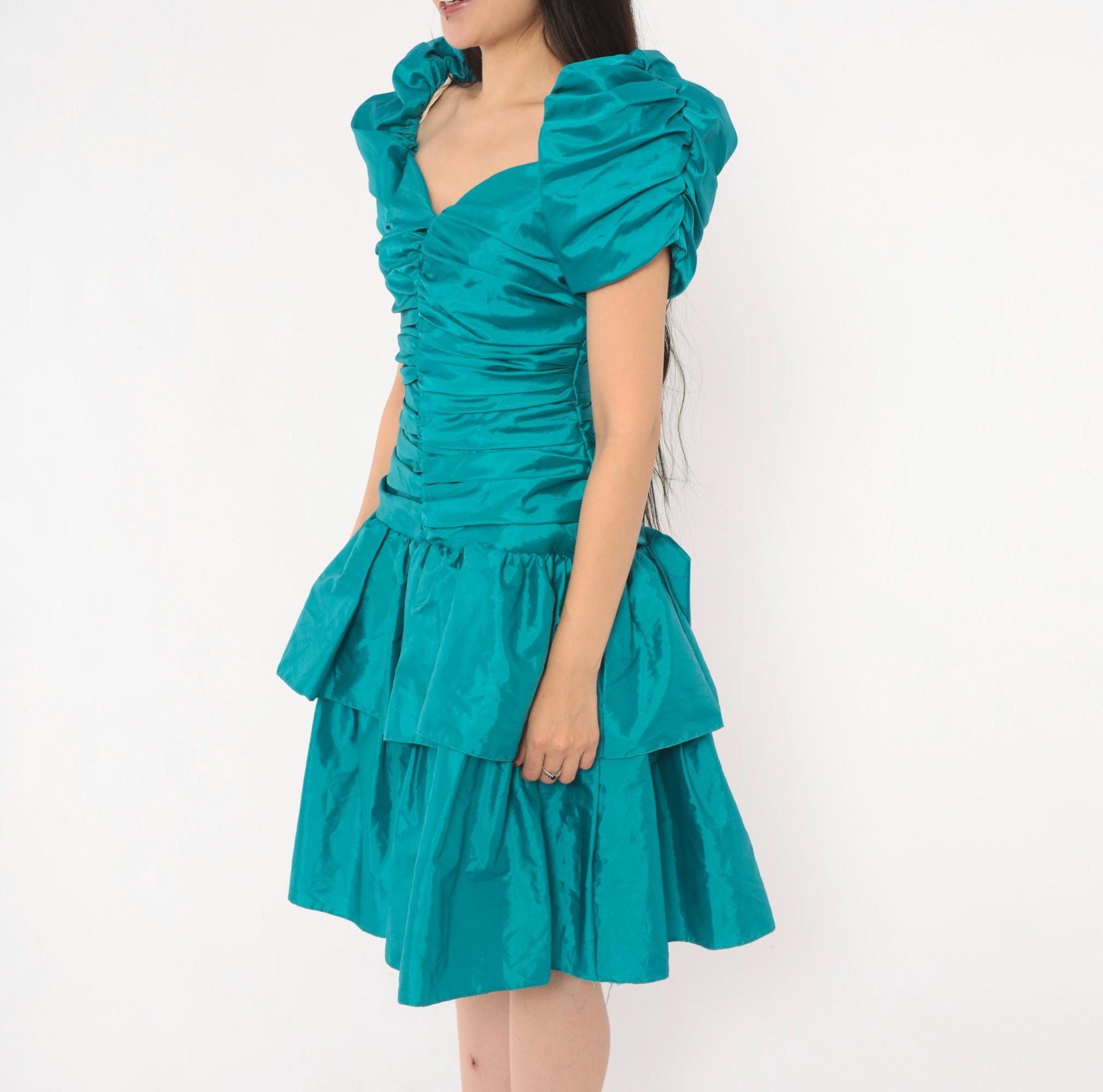 80s Teal Prom Dress Puff Sleeve Sweetheart Neckline Tiered Ruffle Skirt Small S