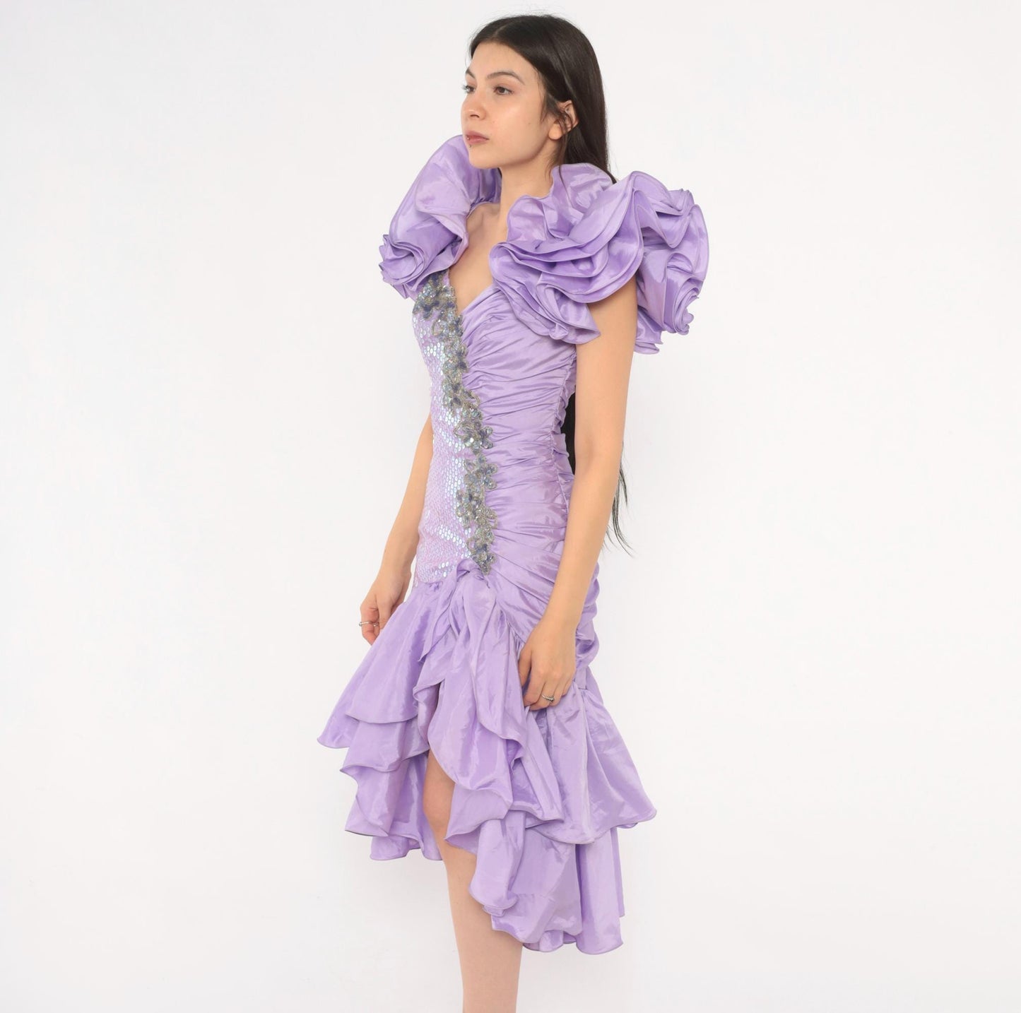 80s Alyce Designs Lilac Sequin Prom Dress Sweetheart Neckline Mermaid Hem Extra Small XS