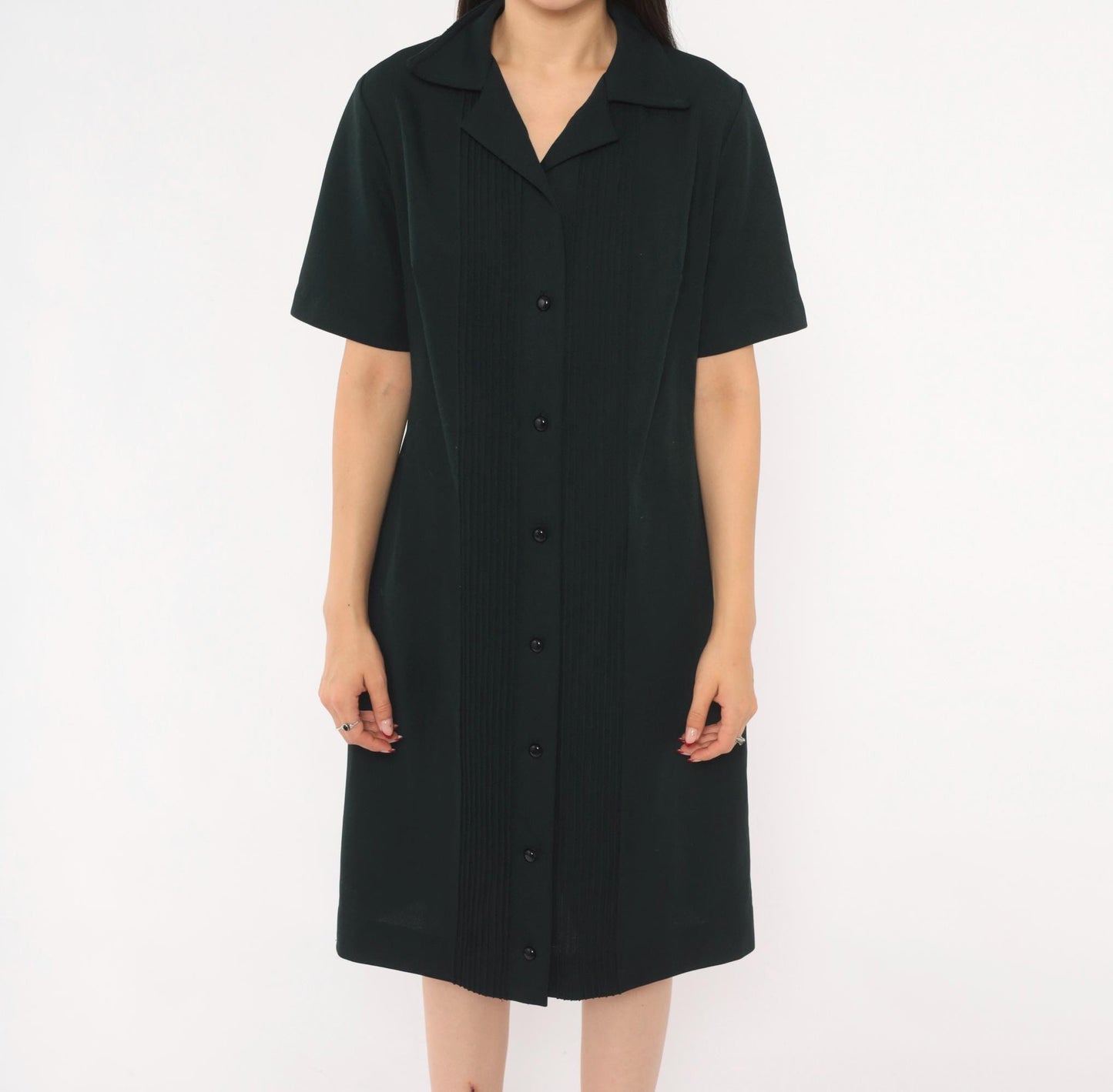 70s Black Pintuck Shirtdress Button Front Notched Collar Knee Length Large L