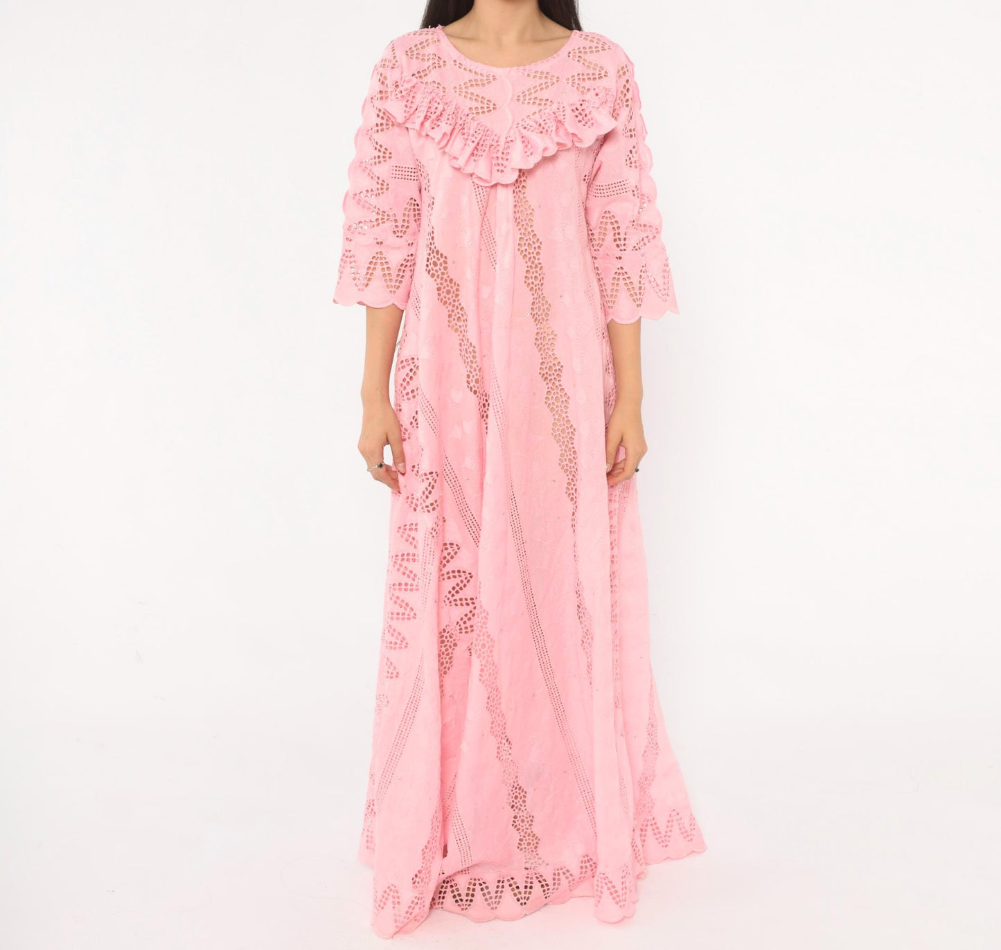 80s Pink Eyelet Lace Maxi Dress Cutwork Embroidered Puff Sleeve Medium M