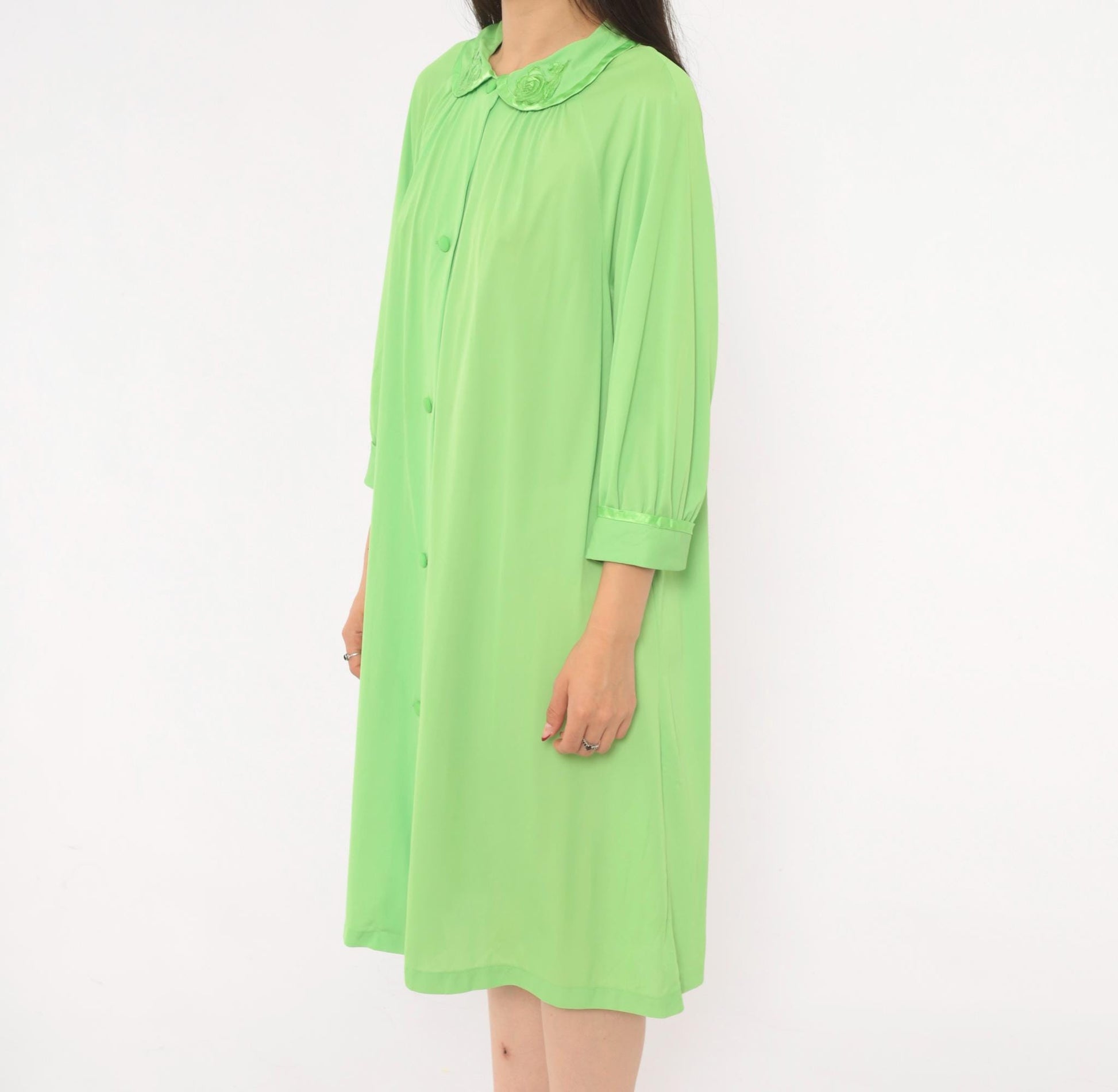 70s Mint Green Button-Front Housecoat Peter Pan Collar Satin Trim Large L