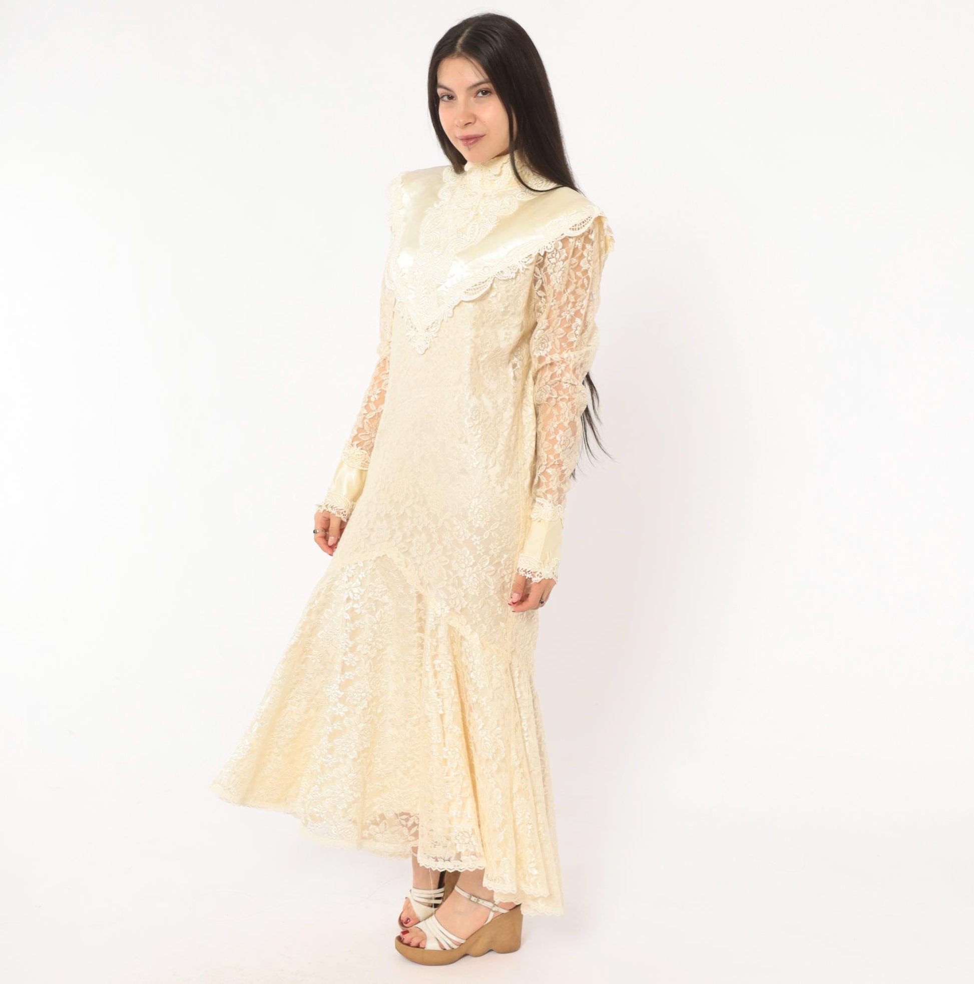 80s Jessica Mclintock Cream Lace Mermaid Wedding Dress High Neck Satin Bib Medium M