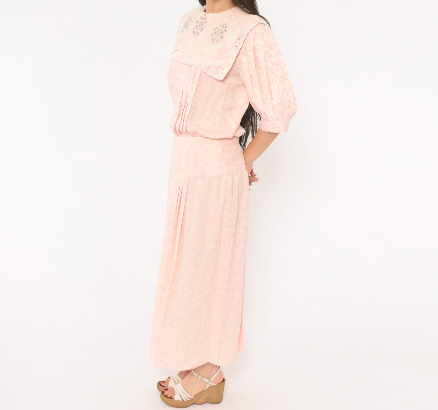 80s Nilani Blush Pink Maxi Dress Lace Cape Collar Floral Jacquard Small