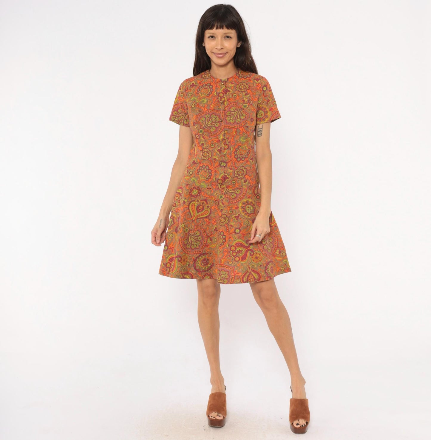 60s Junior West California Paisley Shift Dress Orange Cotton Small