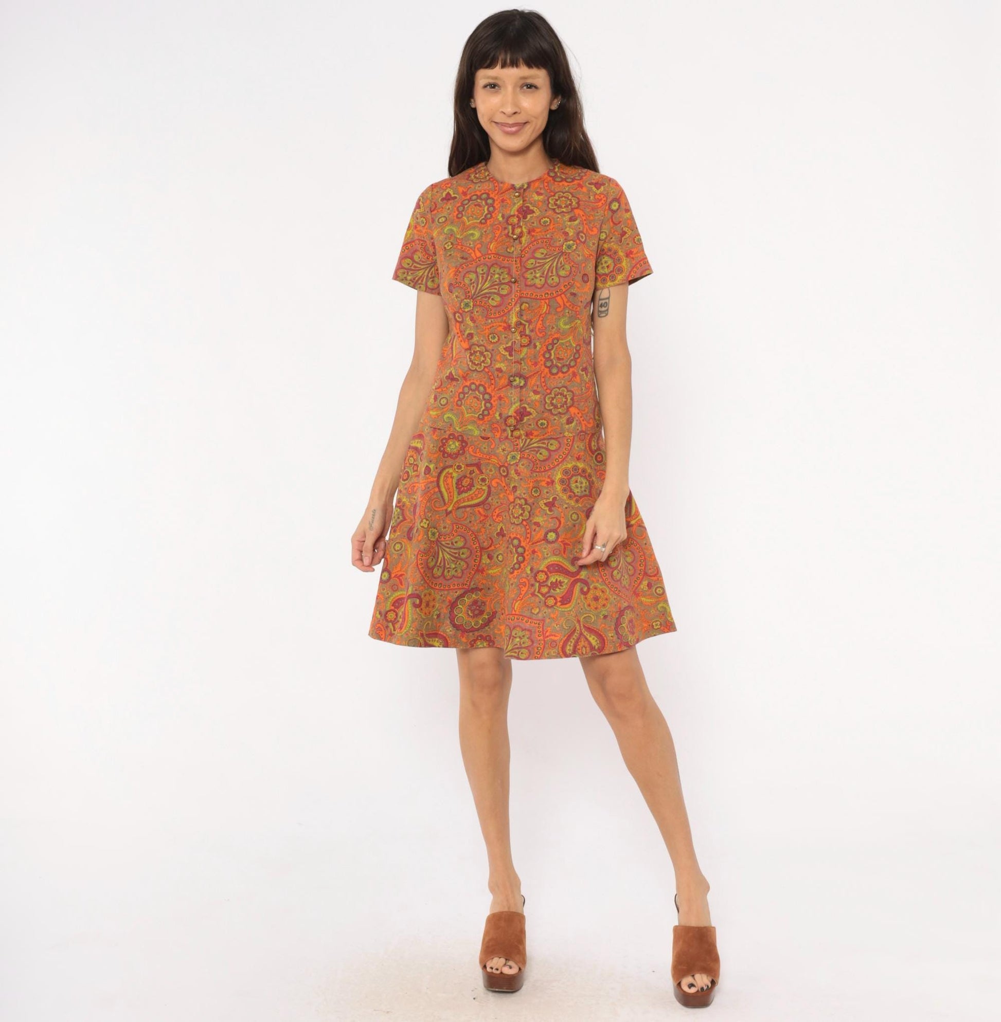 60s Junior West California Paisley Shift Dress Orange Cotton Small