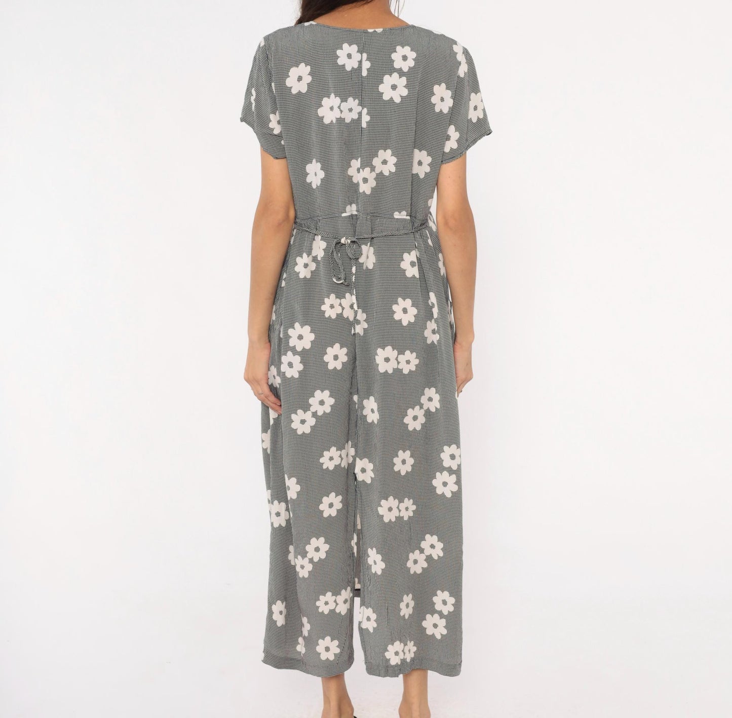 90s Navy Gingham Daisy Print Maxi Dress Drawstring Waist Medium M