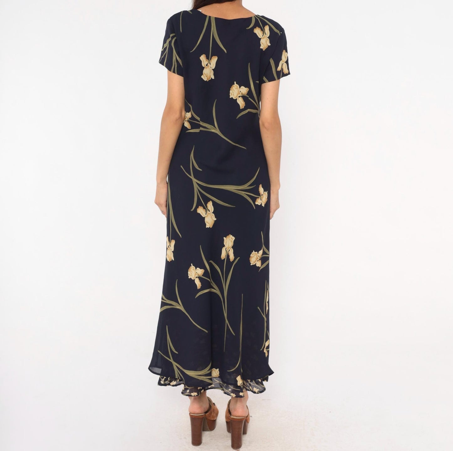 90s Jessica Howard Navy Iris Maxi Dress Botanical Print Medium M