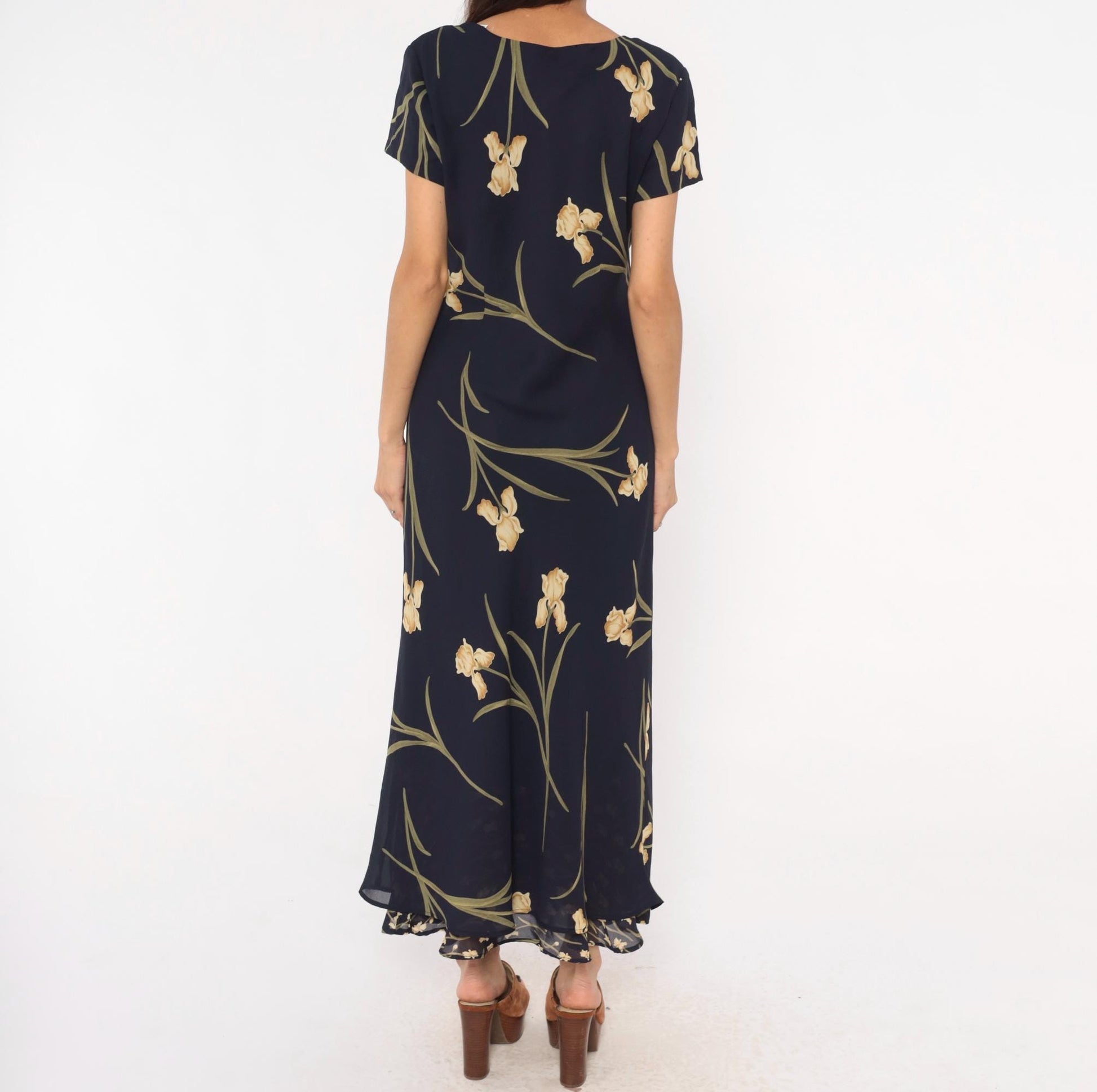 90s Jessica Howard Navy Iris Maxi Dress Botanical Print Medium M