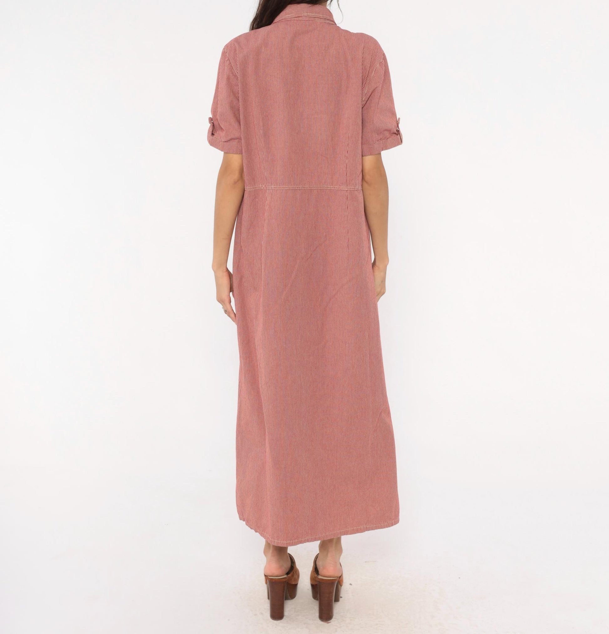 90s White Stag Gingham Shirtdress Red Cream Check Cotton Maxi Extra Large
