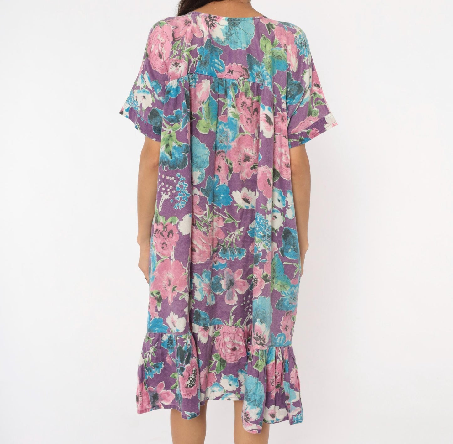 80s CW Classics Floral Watercolor Cotton Dress Purple Pink Blue Knee Length Small