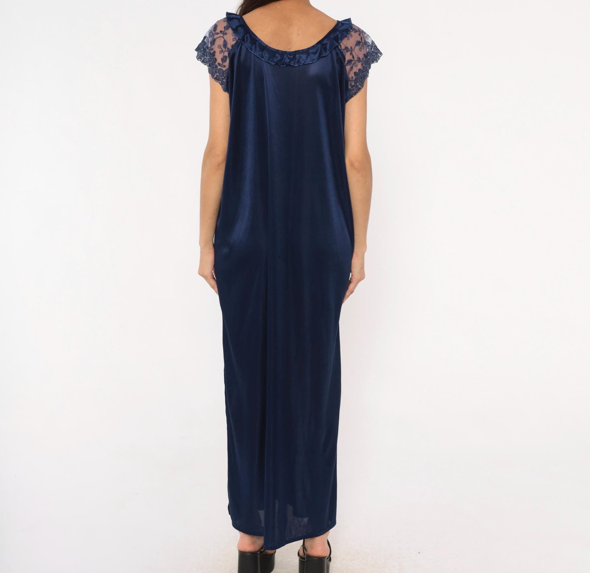 80s Navy Satin Nightgown Lace Cap Sleeve V-Neck Maxi Slip Dress Large