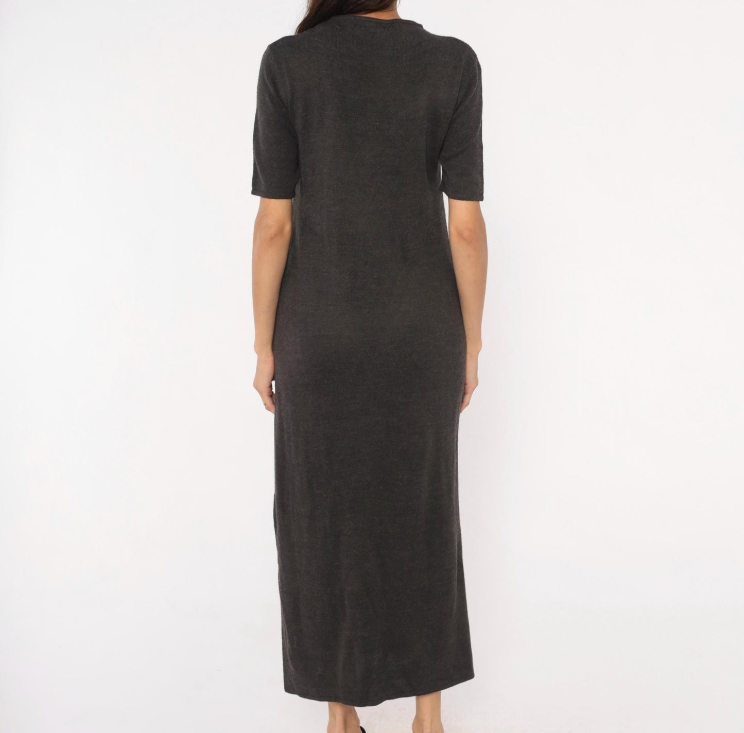 Y2K Nina Leonard Charcoal Knit Maxi Dress Short Sleeve Column Grey Small Petite