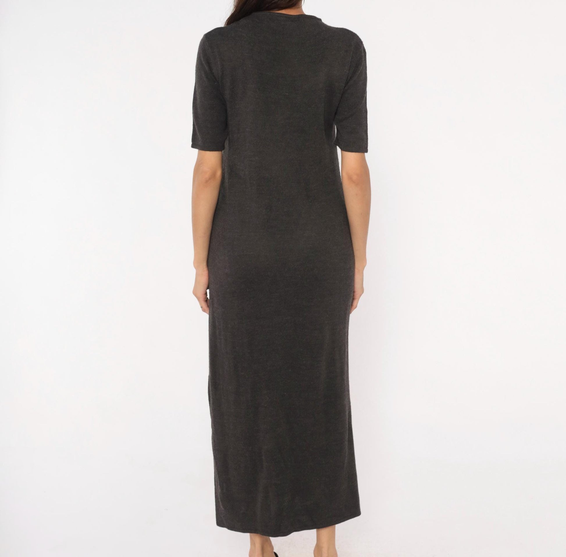 Y2K Nina Leonard Charcoal Knit Maxi Dress Short Sleeve Column Grey Small Petite