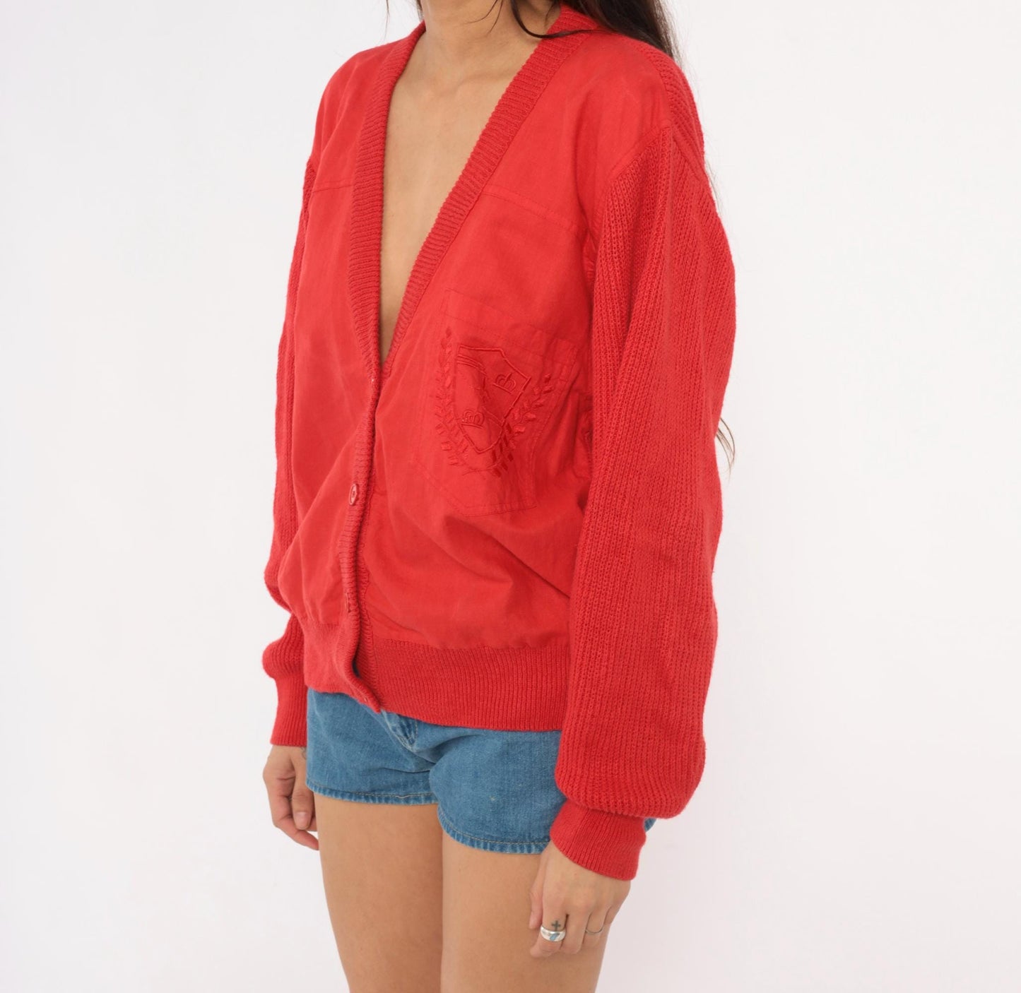 90s Shartex Red Cardigan V-Neck Button Front Knit Embroidered Crest Large L