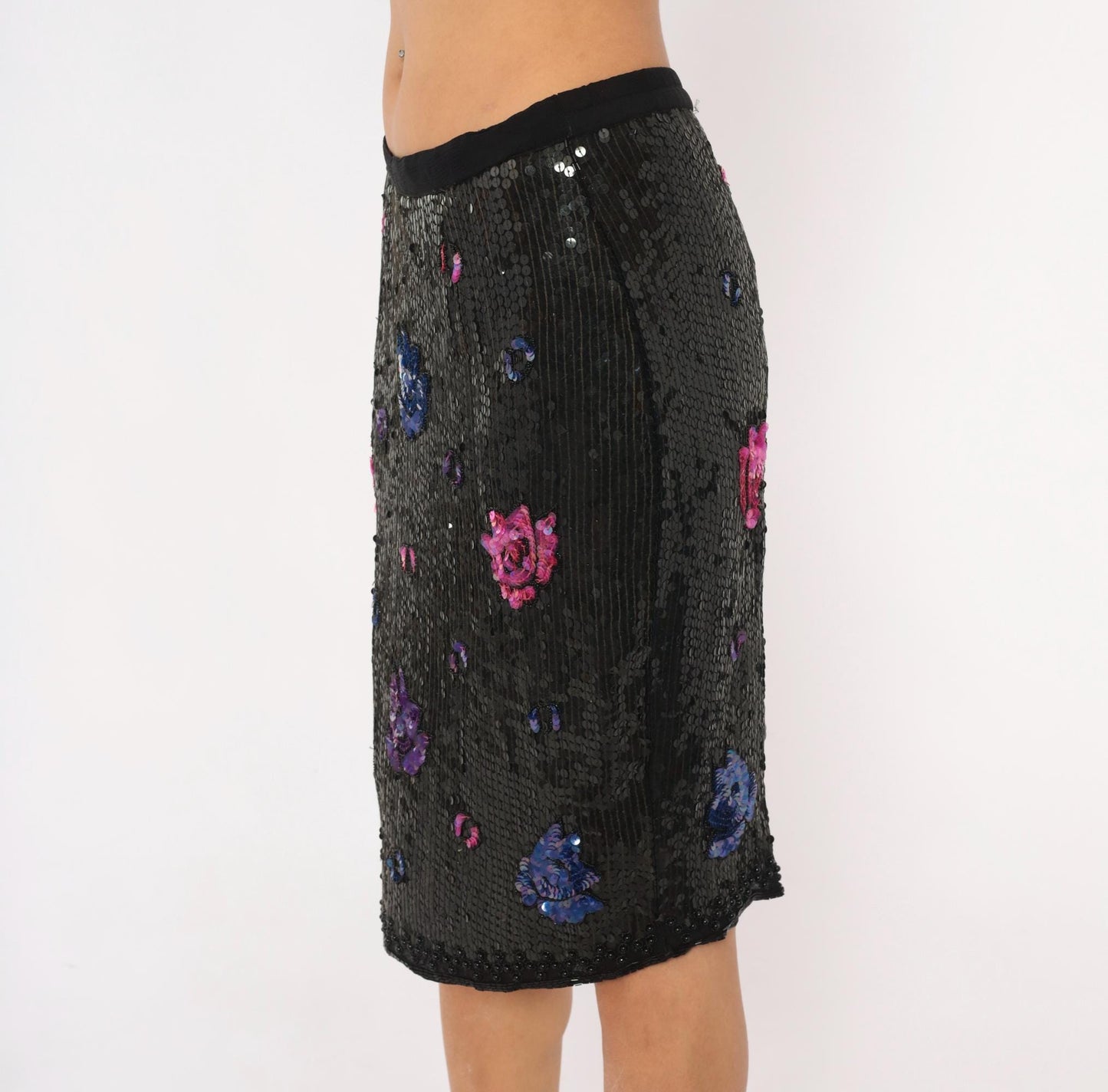 1980s Black Silk Sequin Pencil Skirt Floral Beaded Rose Medium M
