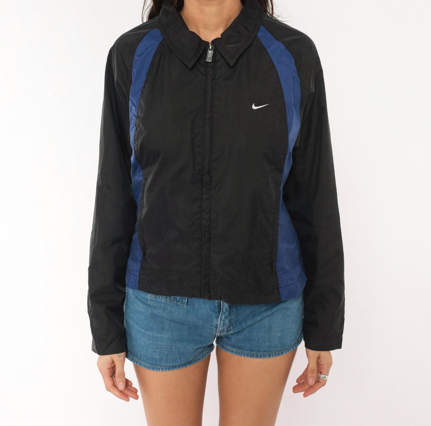 Y2K Nike Windbreaker Jacket Black Navy Color Block Mesh Lined Medium M