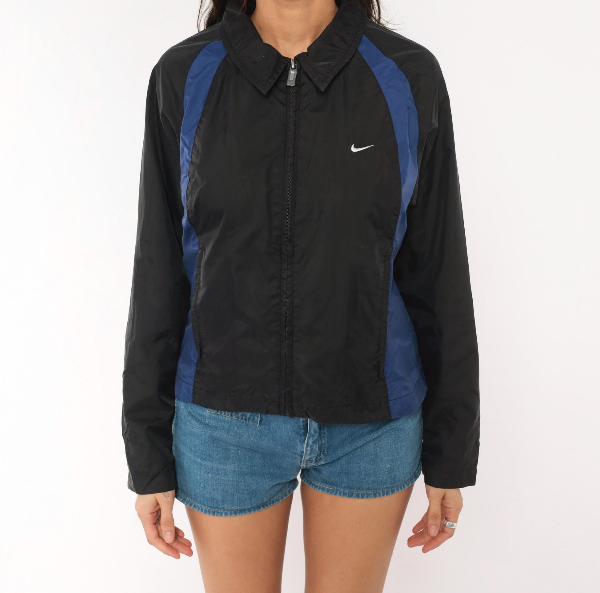 Y2K Nike Windbreaker Jacket Black Navy Color Block Mesh Lined Medium M