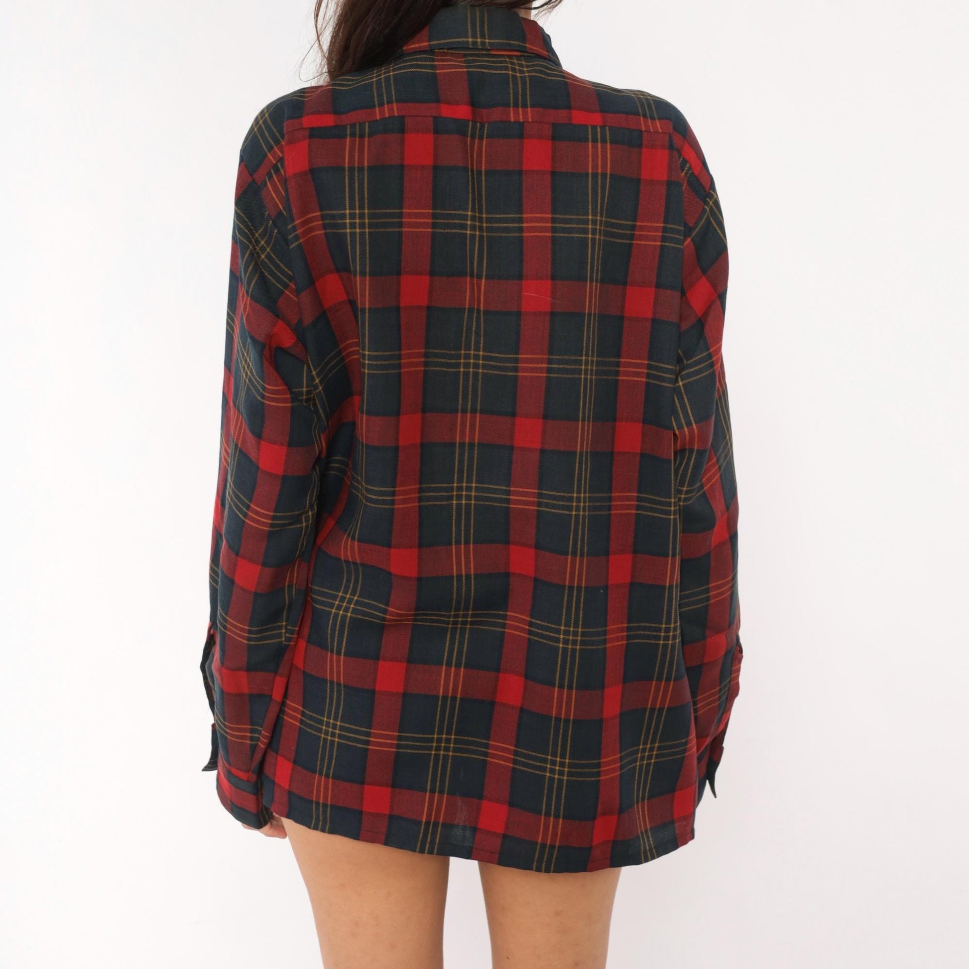 60s Arrow Plaid Wool Shirt Burgundy Navy Pointed Collar Button-Up Medium