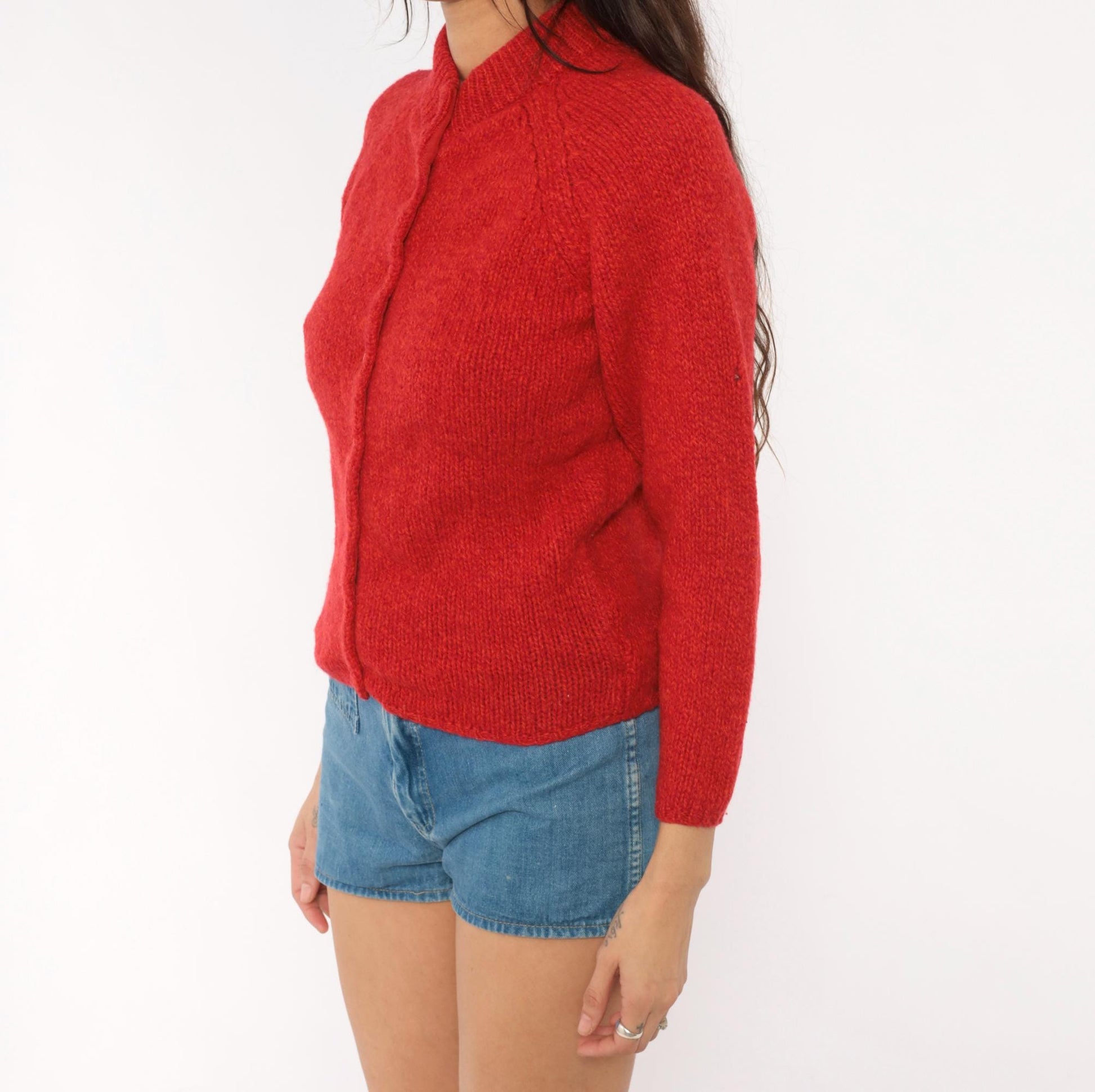 70s Bernhard Altmann Red Shetland Wool Cardigan Mock Neck Extra Small XS