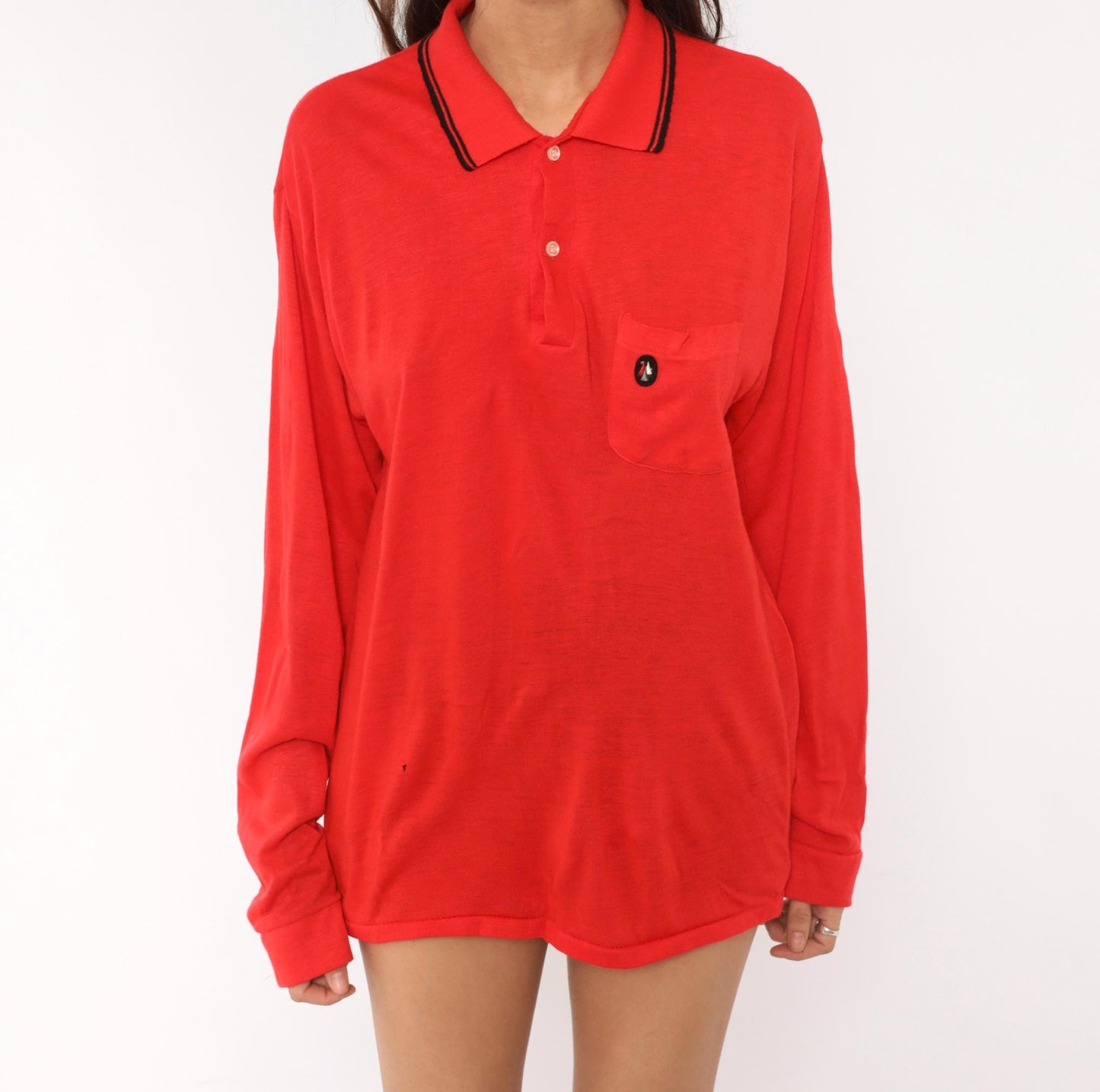 70s Red Polo Shirt Long Sleeve Black Tipped Collar Snap Button Knit Large L