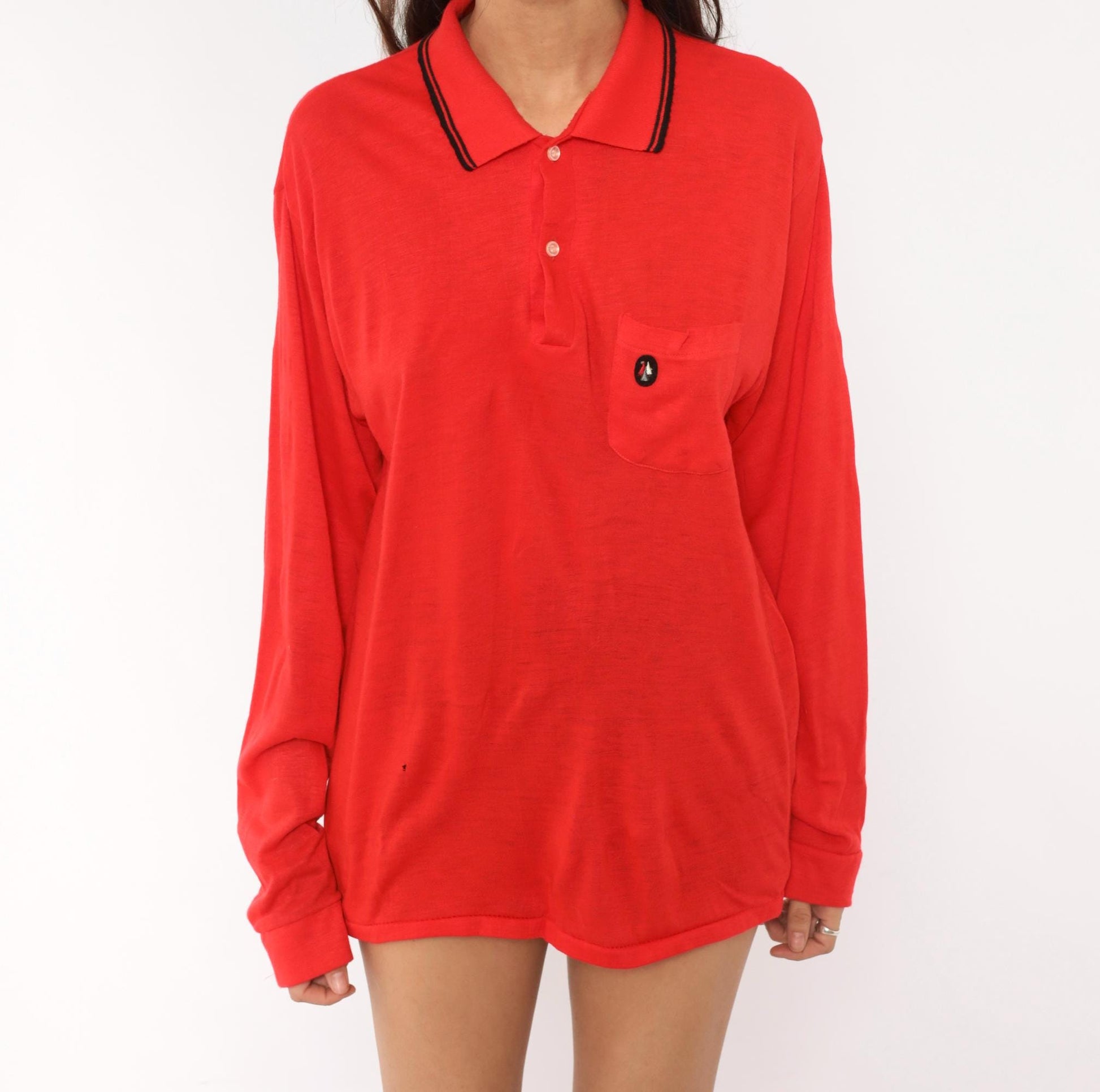 70s Red Polo Shirt Long Sleeve Black Tipped Collar Snap Button Knit Large L