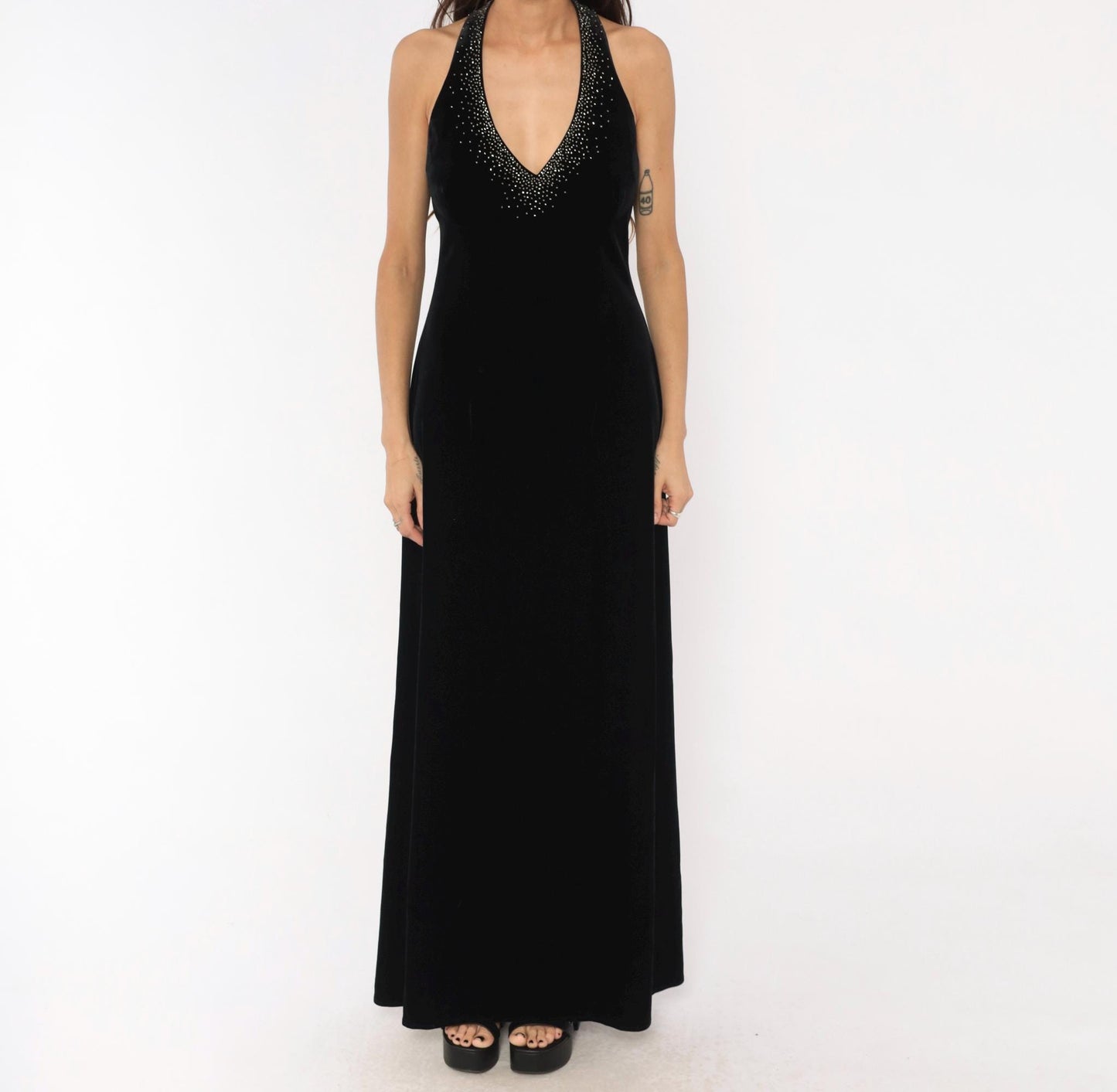 90s Dave & Johnny Black Velvet Halter Maxi Gown Rhinestone Open Back Large L