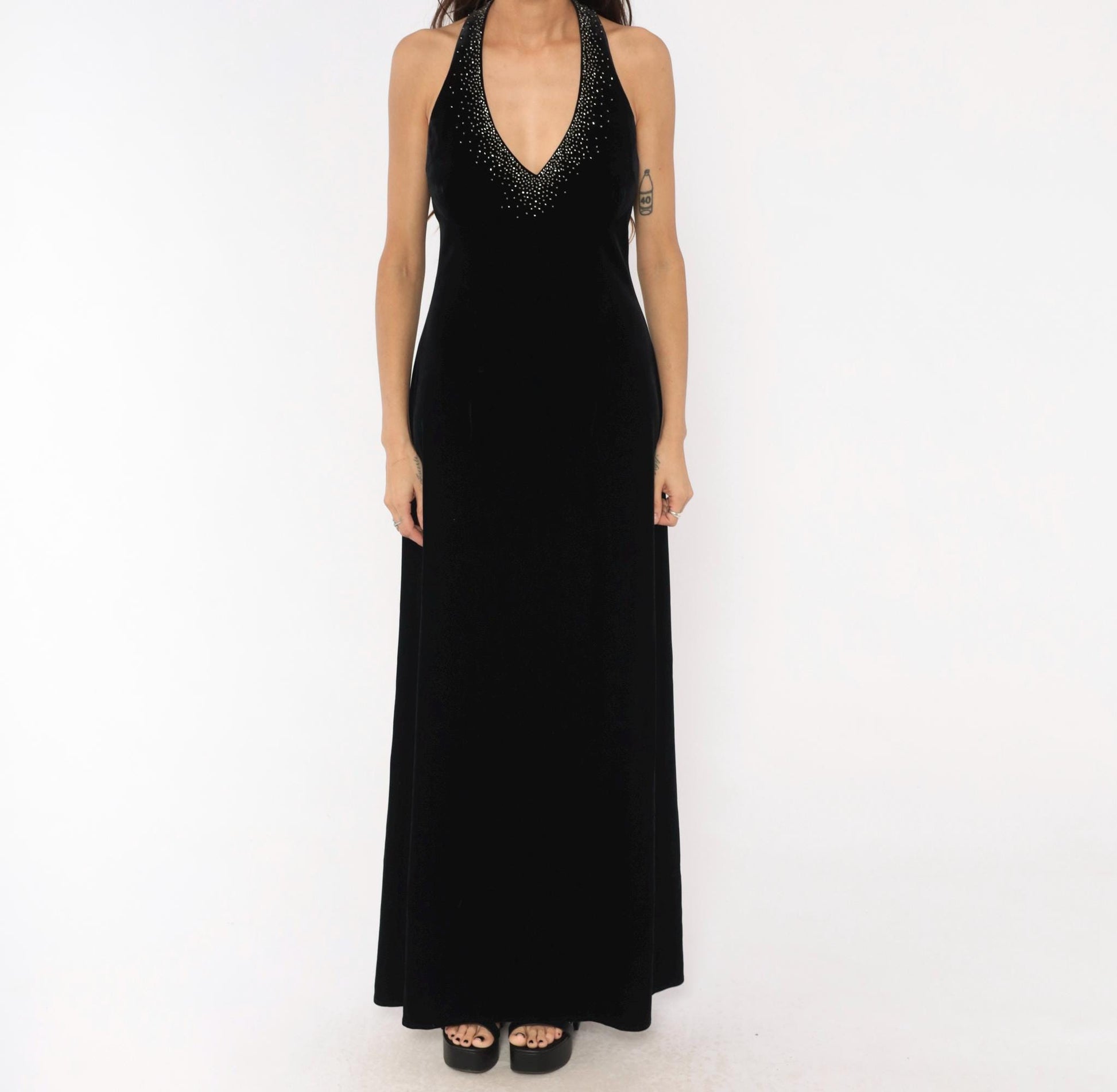 90s Dave & Johnny Black Velvet Halter Maxi Gown Rhinestone Open Back Large L