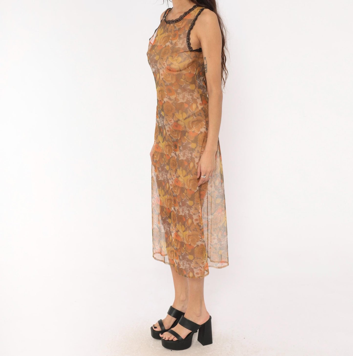 90s Floral Mesh Midi Dress Sheer Rose Print Orange Tan Brown Extra Small XS