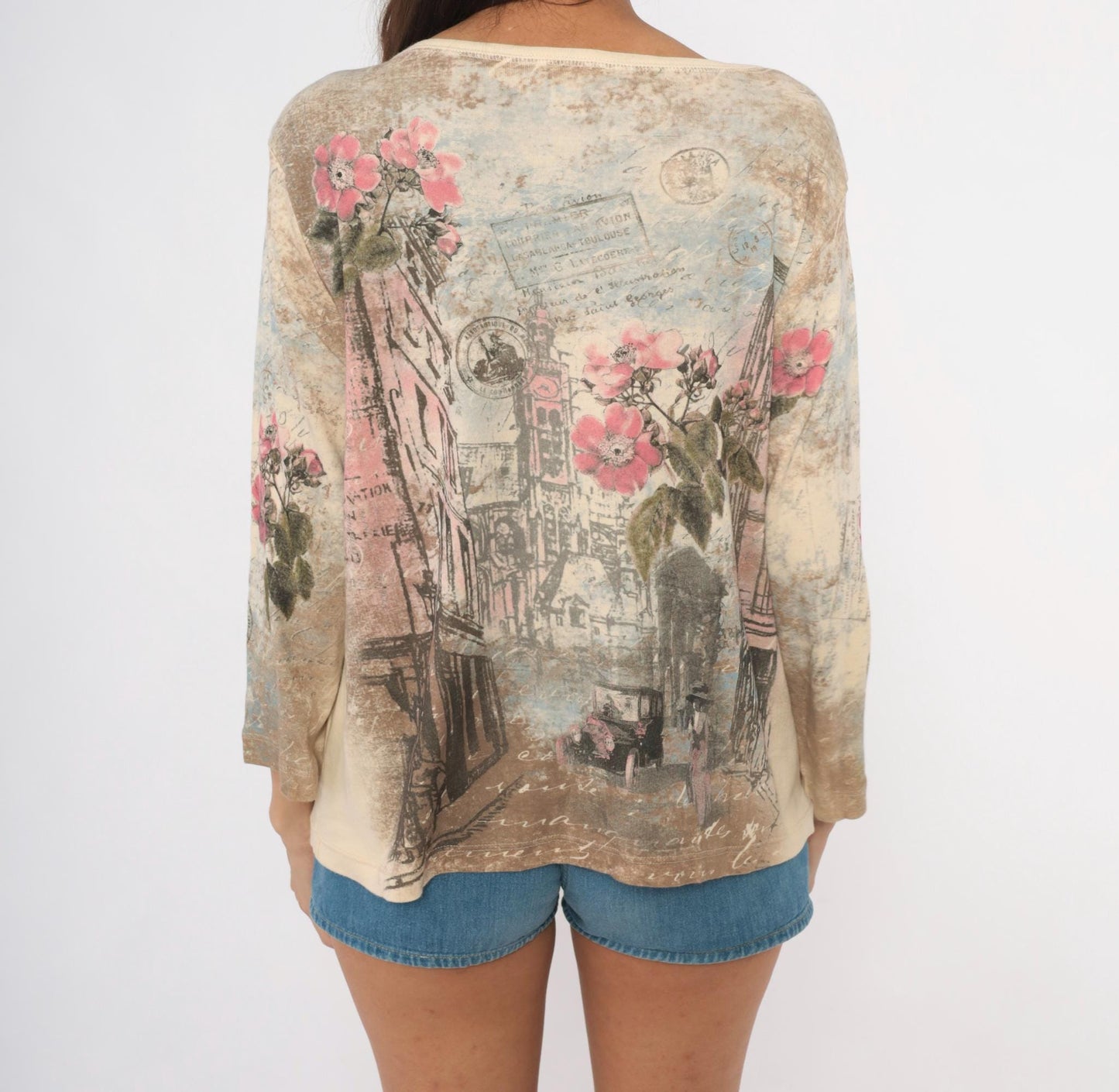 Y2K CJ Banks Parisian Street Scene Graphic Tee Three-Quarter Sleeve Cotton Tan Plus Size 1X