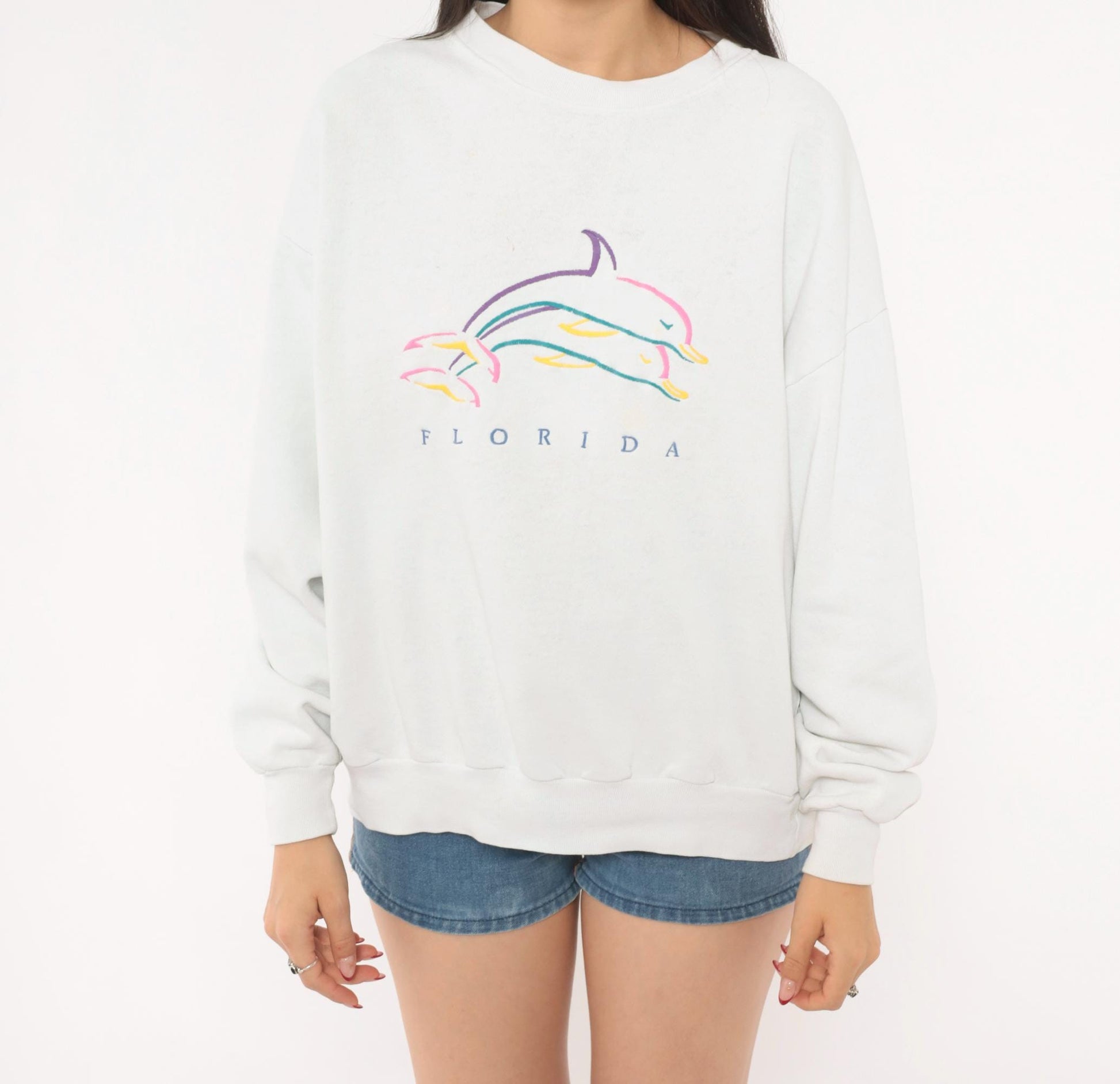 90s Florida Dolphin Graphic Sweatshirt White Crewneck Cotton Pullover Large L