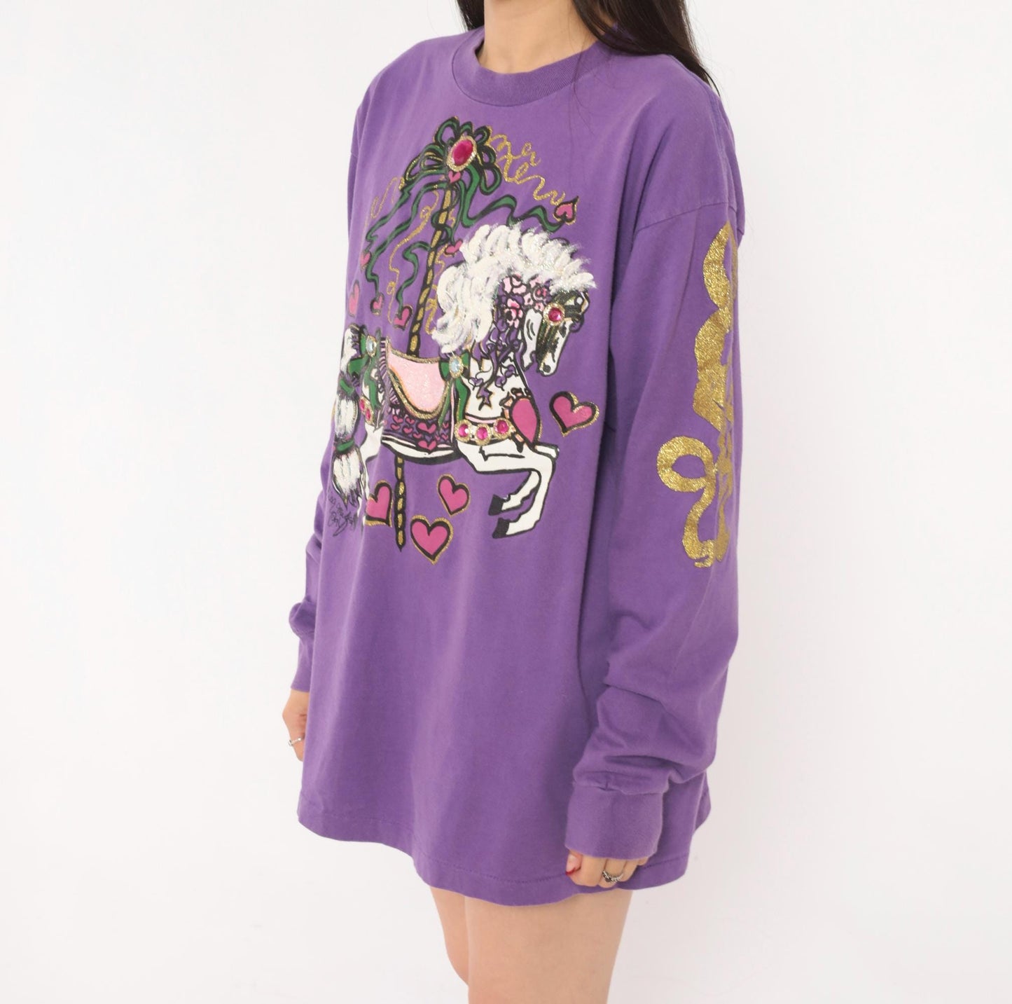 90s Anvil Carousel Horse Purple Glitter Long Sleeve Tee Extra Large