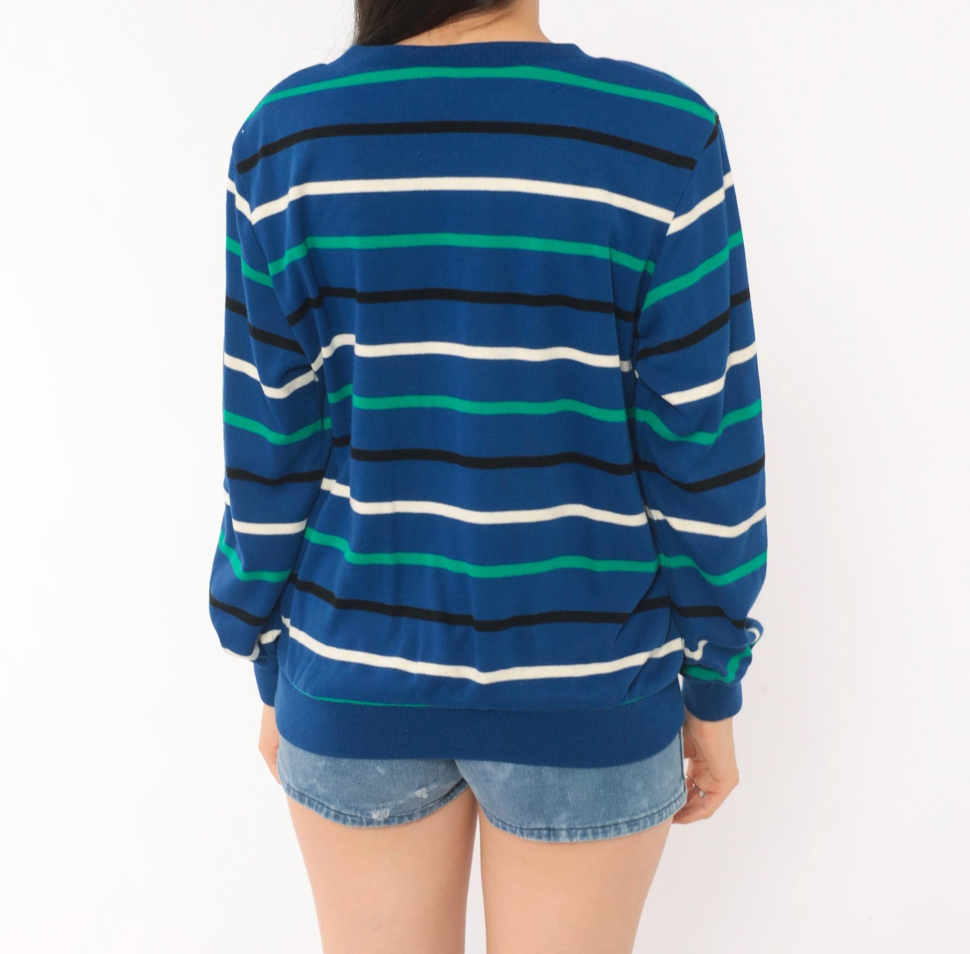 80s Alfred Dunner Striped V-Neck Sweater Cobalt Blue Cotton Knit Small