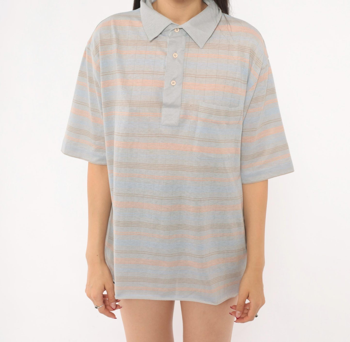 80s Knights Bridge Striped Polo Shirt Grey Peach Cotton Short Sleeve Extra Large XL