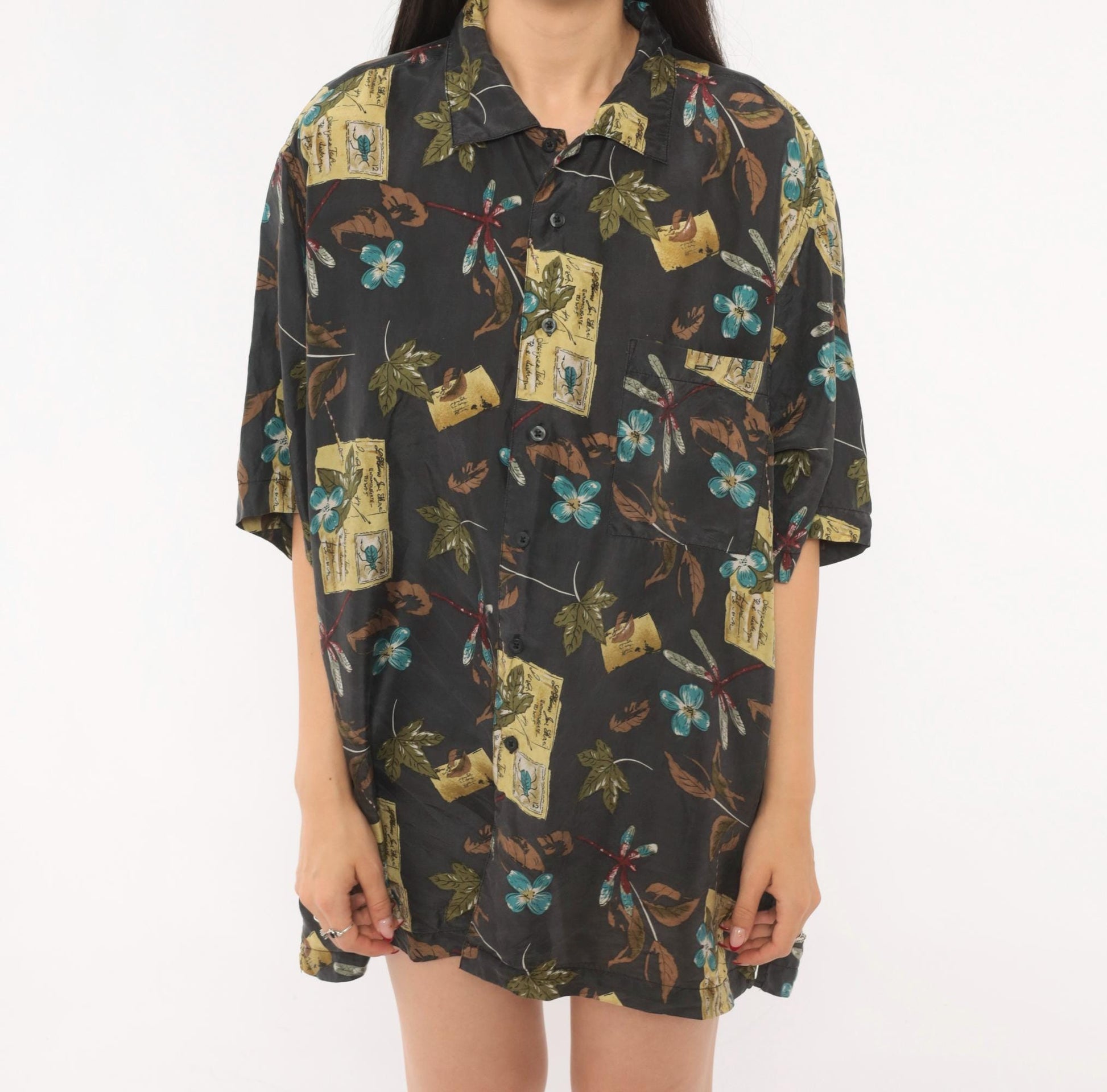 Y2K Firethorn Silk Camp Collar Shirt Dragonfly Botanical Print Teal Medium M