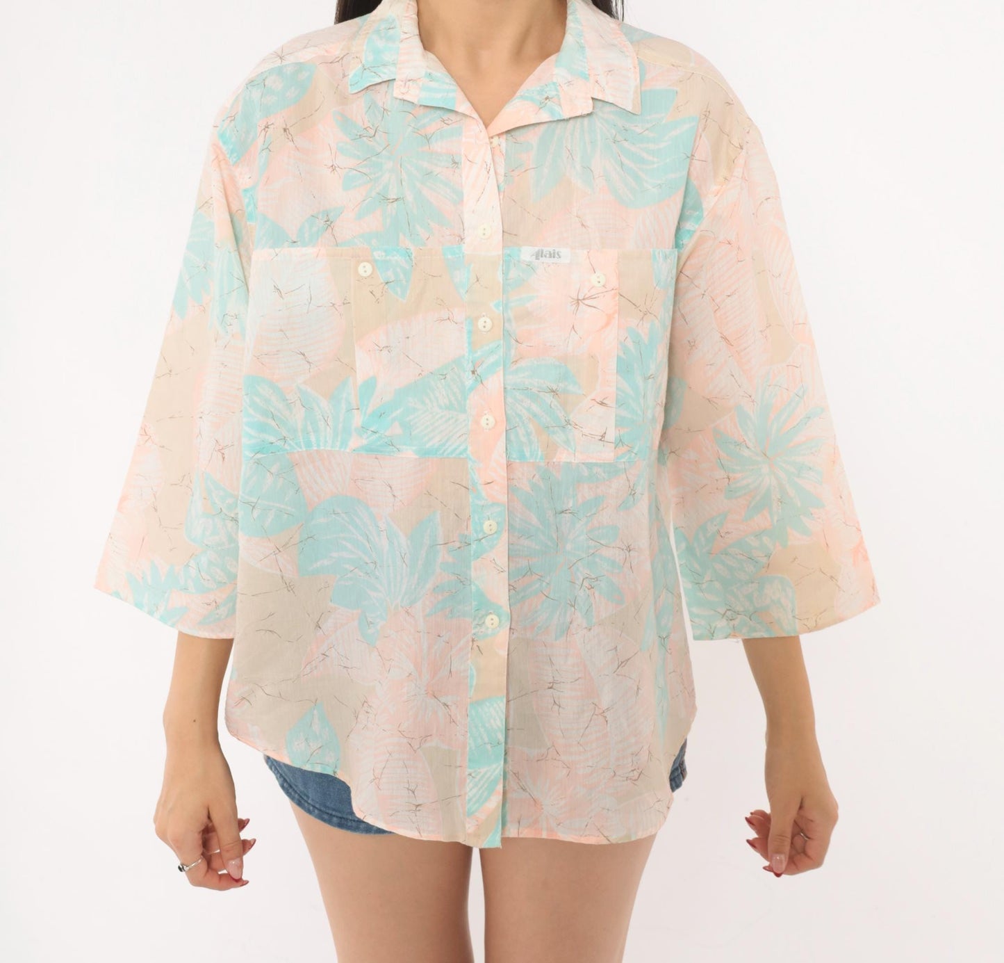 90s Alais Tropical Leaf Camp Collar Shirt Pastel Pink Mint Cotton Medium M