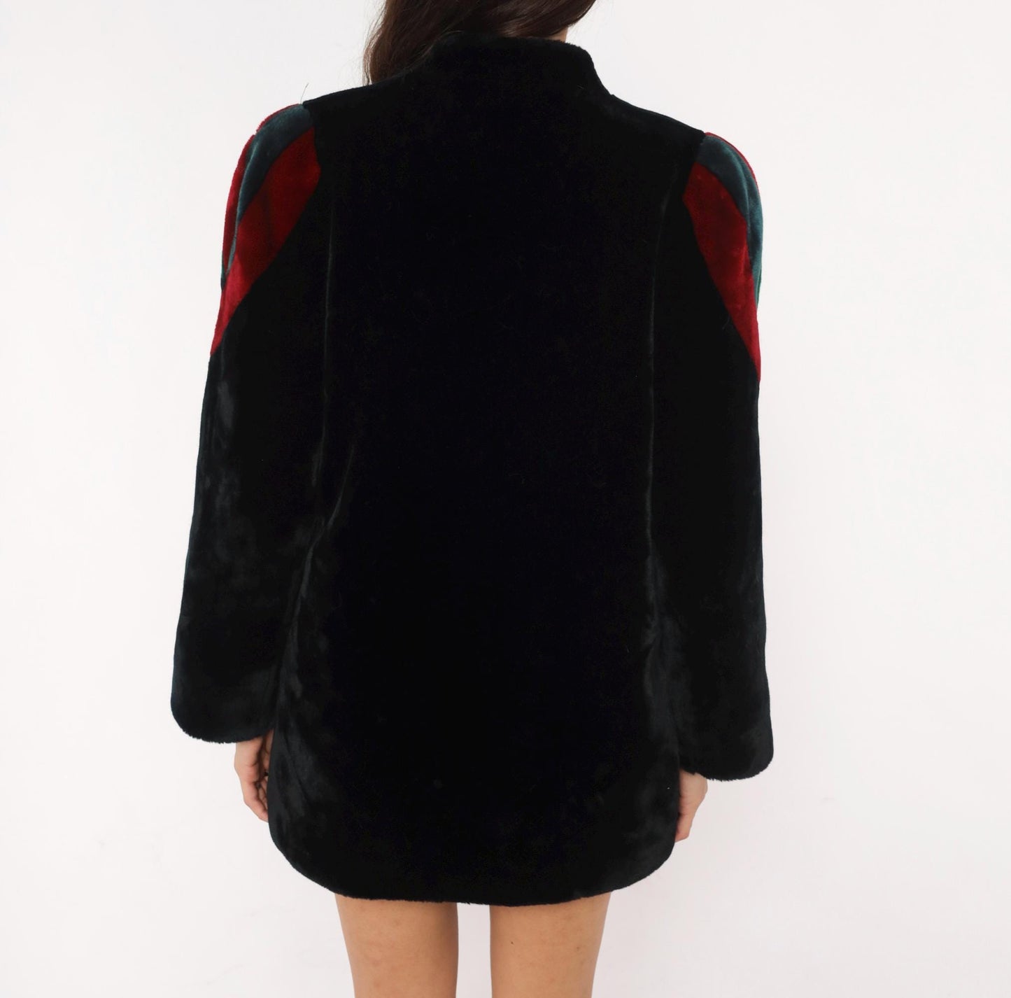 80s Sasson Faux Fur Coat Black Colorblock Stripe Stand Collar Medium M