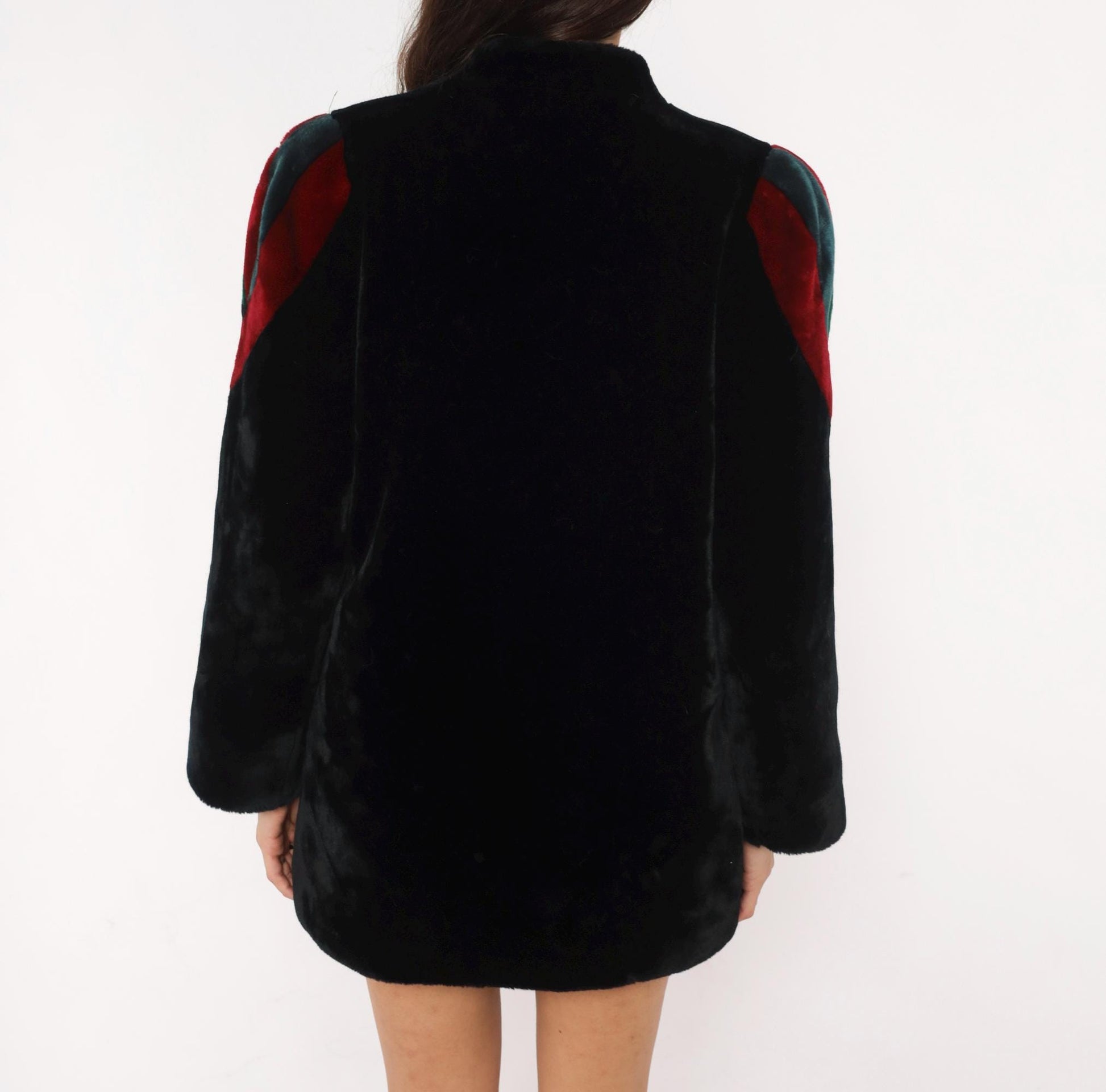 80s Sasson Faux Fur Coat Black Colorblock Stripe Stand Collar Medium M
